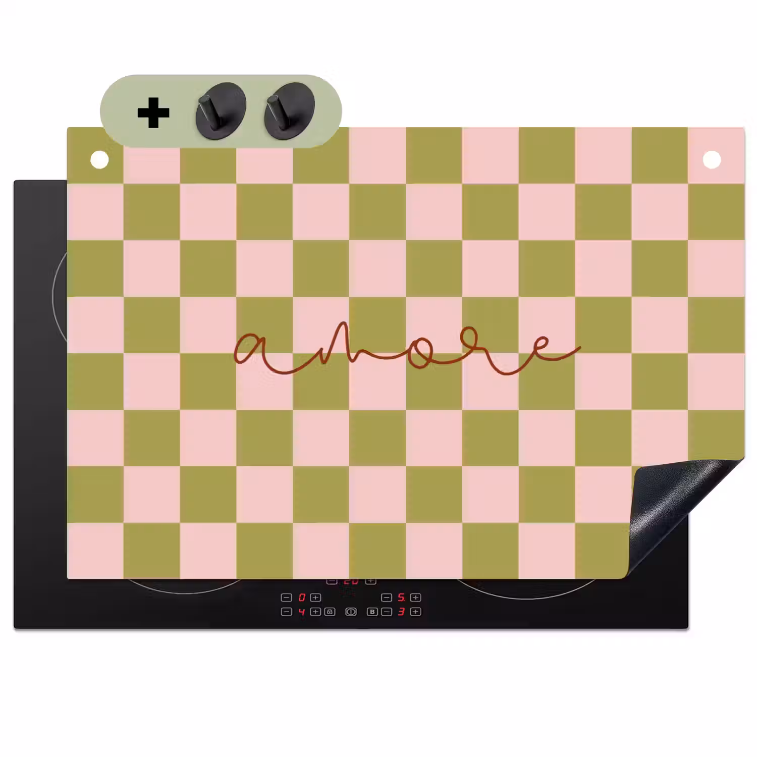 Patroon - Geblokt - Olijfgroen - Amore Inductie beschemer met haakjes klein -3d