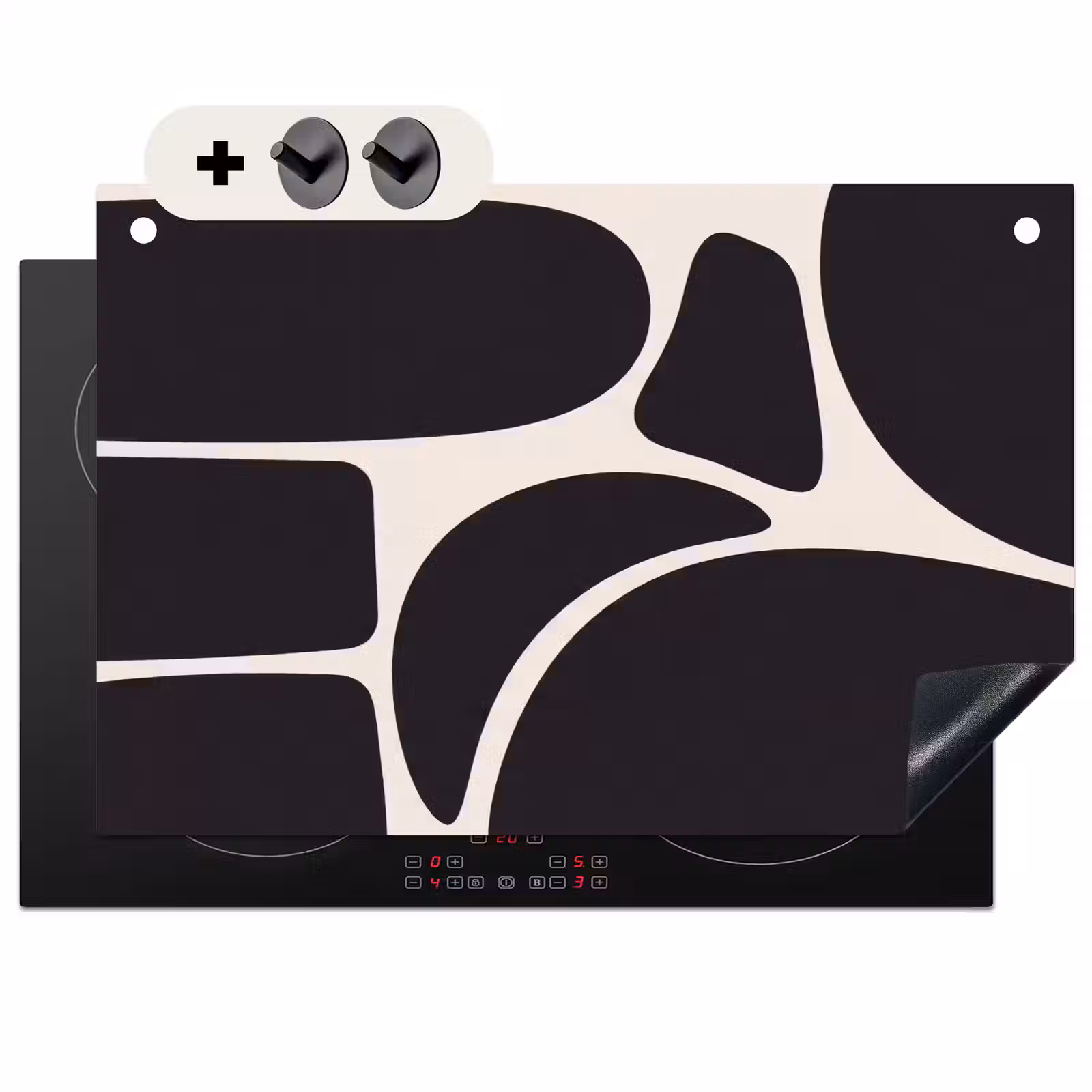 Induction Hob Cover & Splashback (2-in-1) - Pattern - Organic - Black - Patroon - Organisch - Zwart Inductie beschemer met haakjes klein