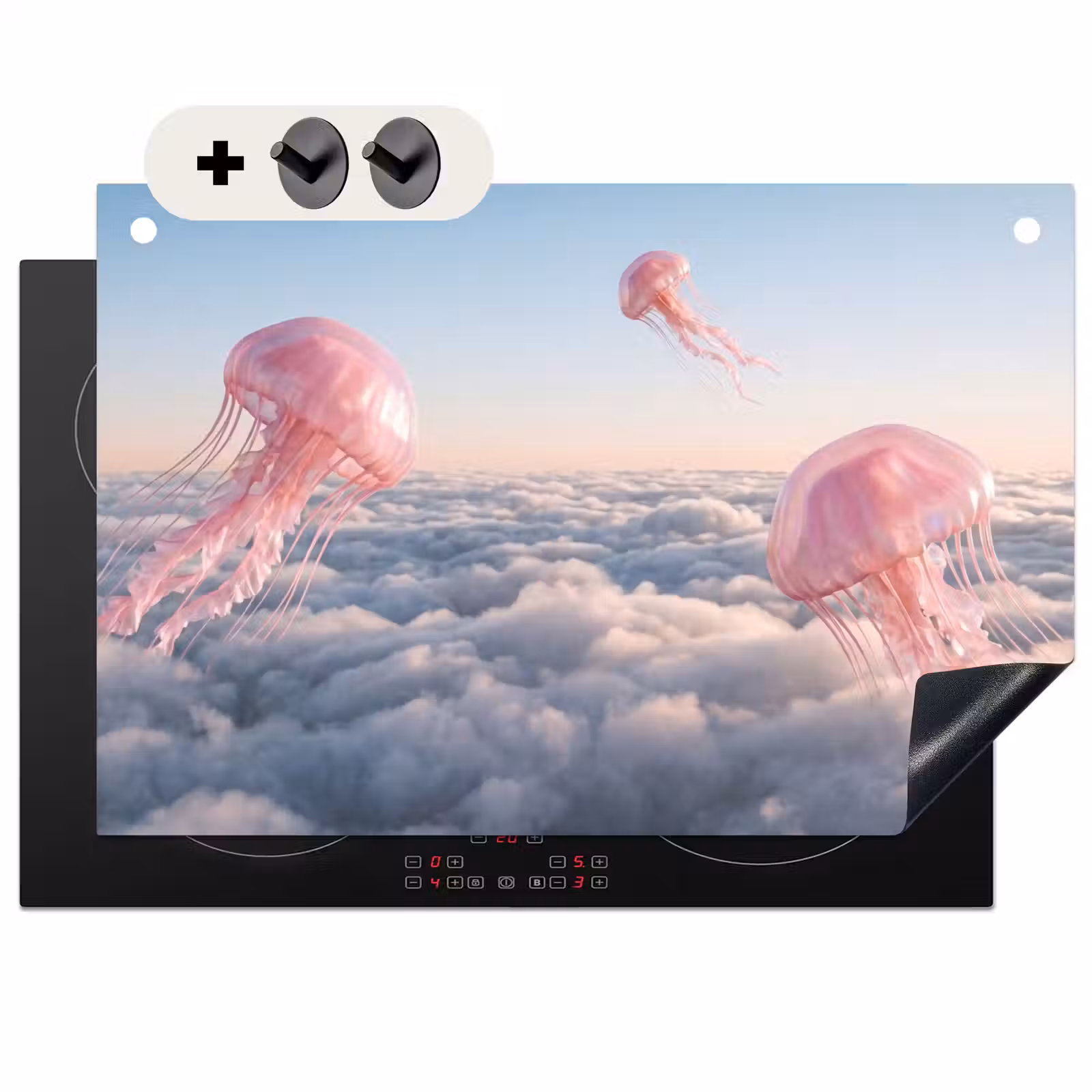 Induction Hob Cover & Splashback (2-in-1) - Pink Animal - Clouds - Roze dier - Wolken Inductie beschemer met haakjes klein