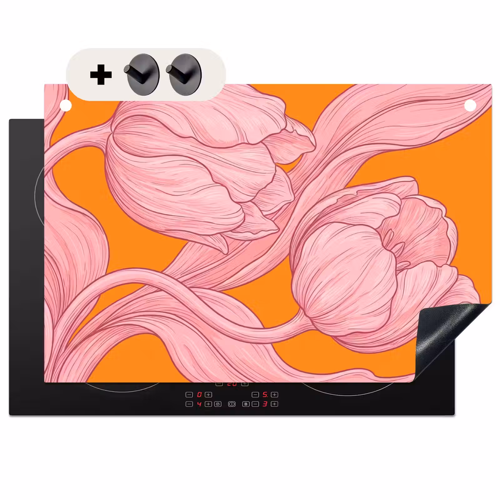 Induction Hob Cover & Splashback (2-in-1) - Pink Flowers - Modern - Roze bloemen - Modern Inductie beschemer met haakjes klein