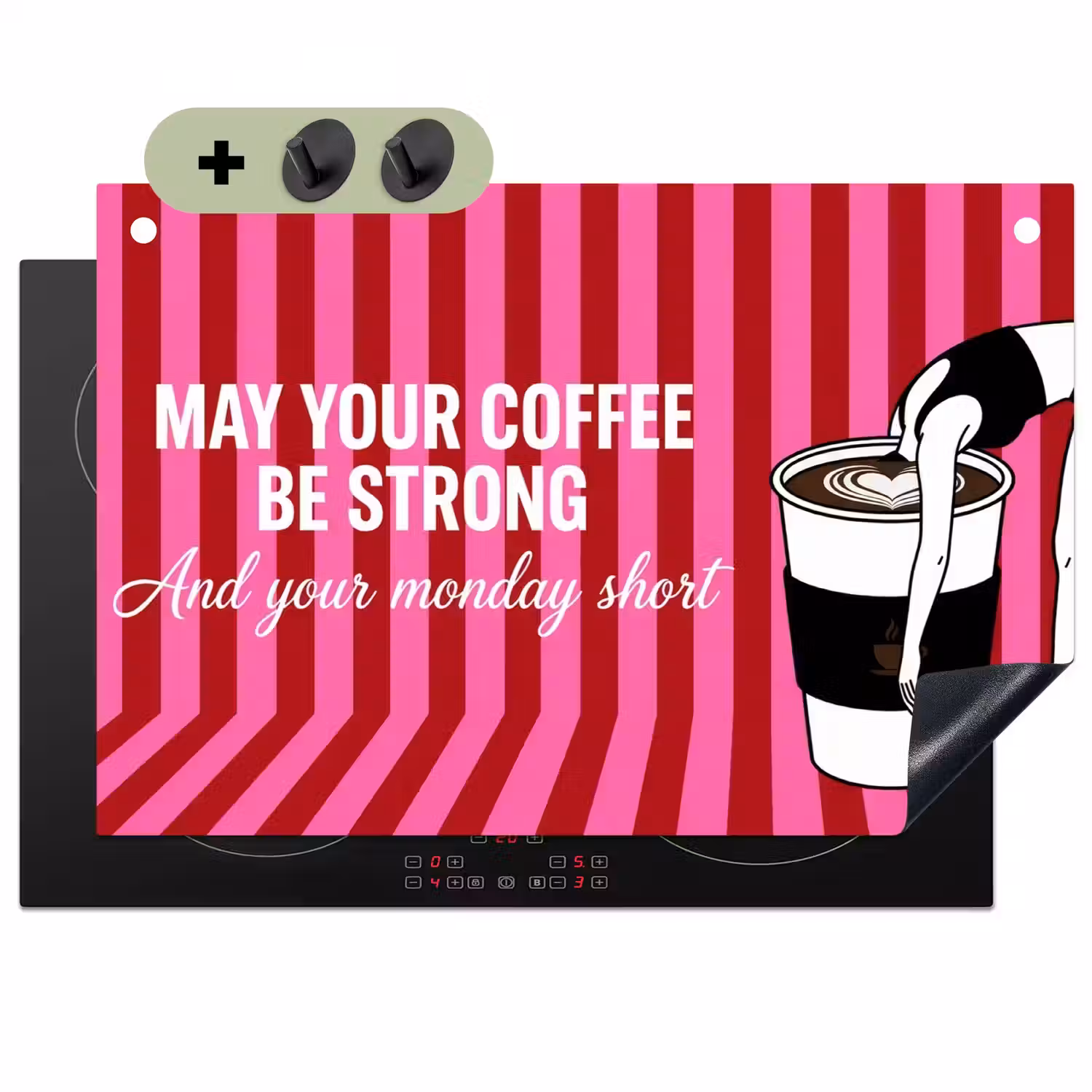 Roze - Strepen - Koffie - Maandag Inductie beschemer met haakjes klein -3d