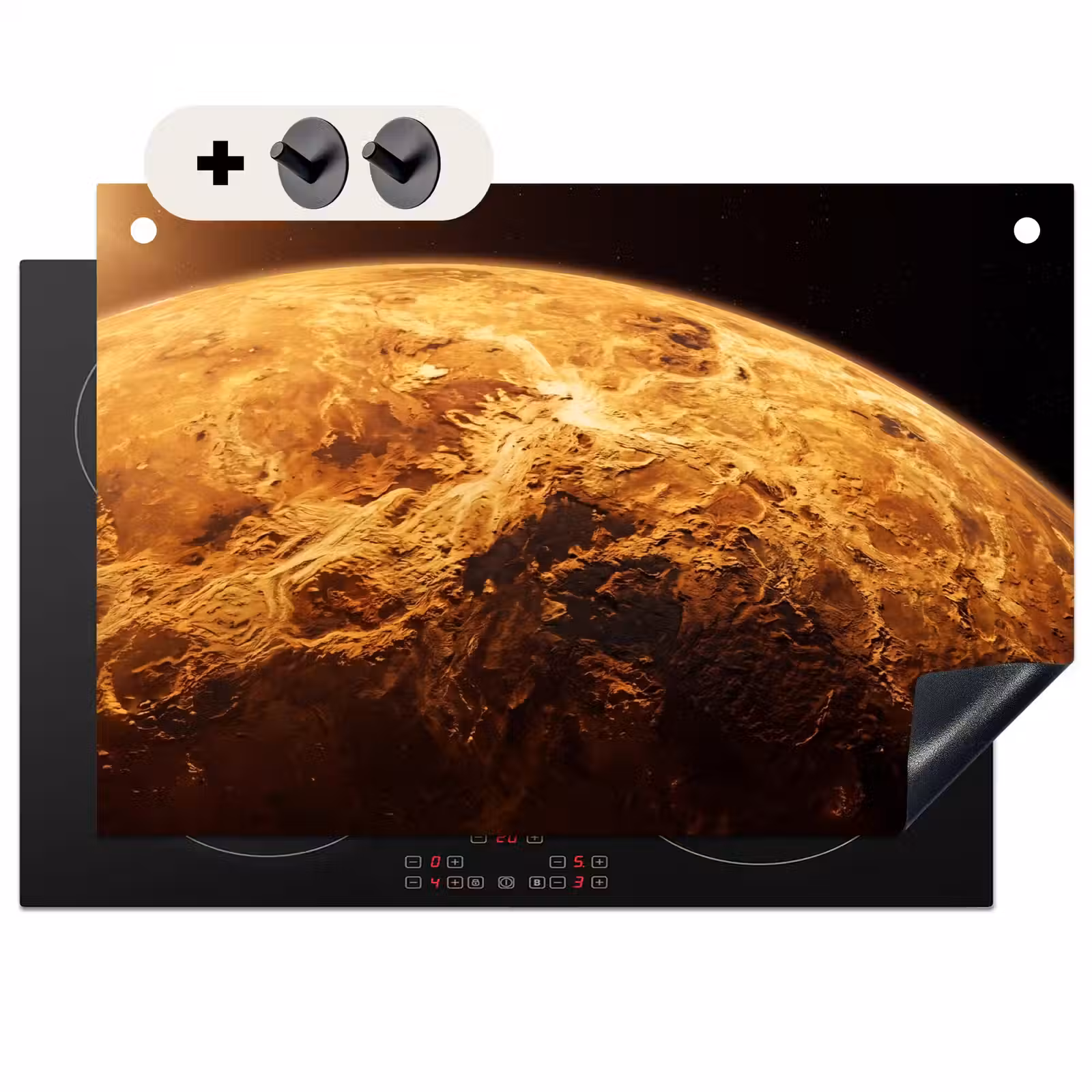 Induction Hob Cover & Splashback (2-in-1) - Planet - Space - Orange - Planeet - Ruimte - Oranje Inductie beschemer met haakjes klein