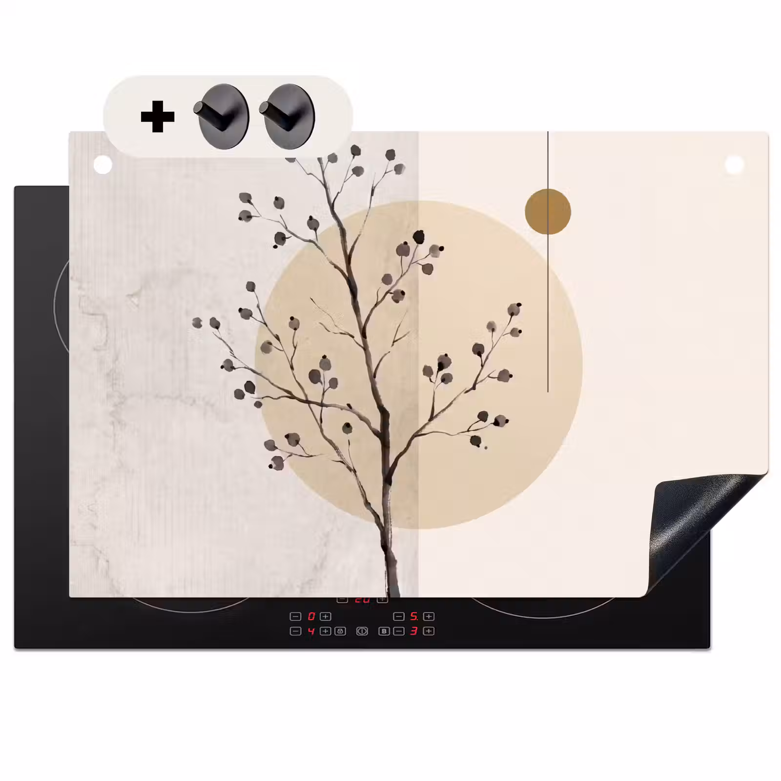 Induction Hob Cover & Splashback (2-in-1) - Plant - Abstract - Beige - Plant - Abstract - Beige Inductie beschemer met haakjes klein