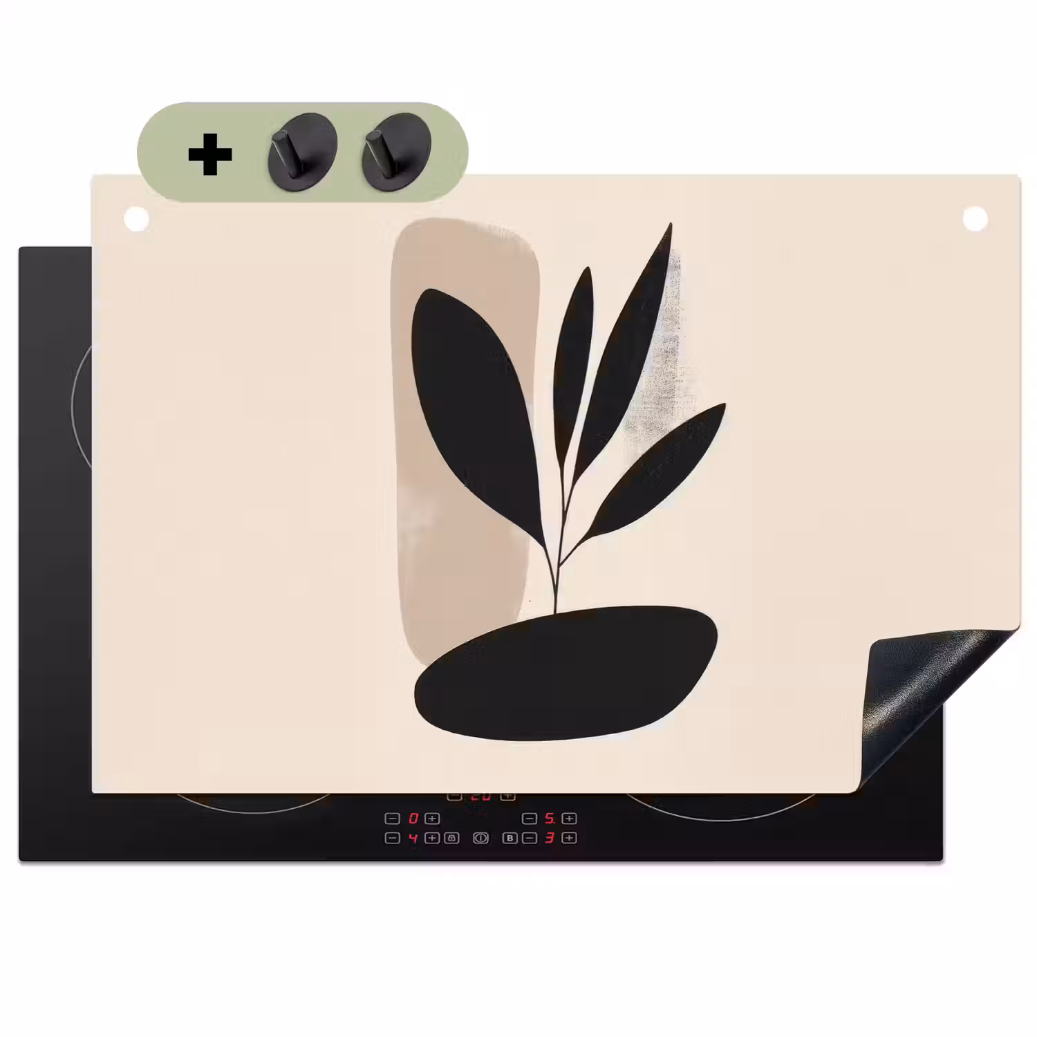 Plant - Beige - Japandi Inductie beschemer met haakjes klein -3d