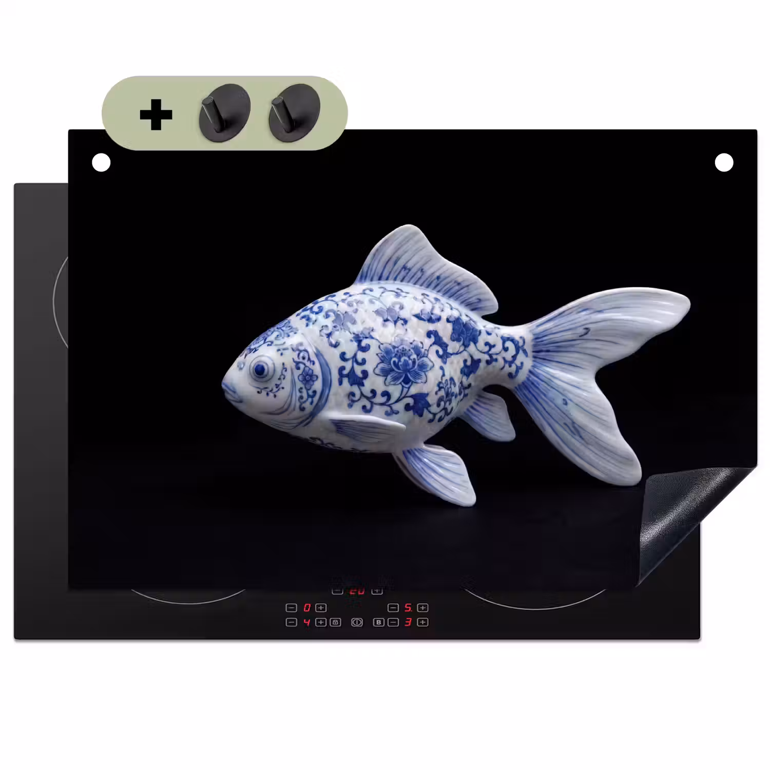Porselein - Goudvis - Delfts - Blauw Inductie beschemer met haakjes klein -3d