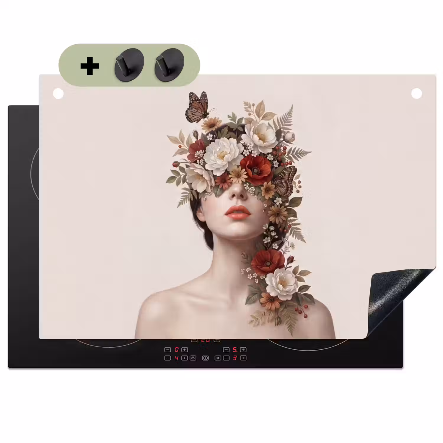 Portret - Bloemen - Cremé Inductie beschemer met haakjes klein -3d