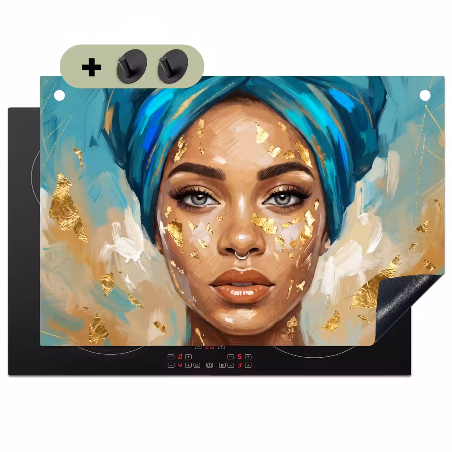 Portret - Vrouw - Schilderij - Blauw - Goud - Expressief Inductie beschemer met haakjes klein -3d