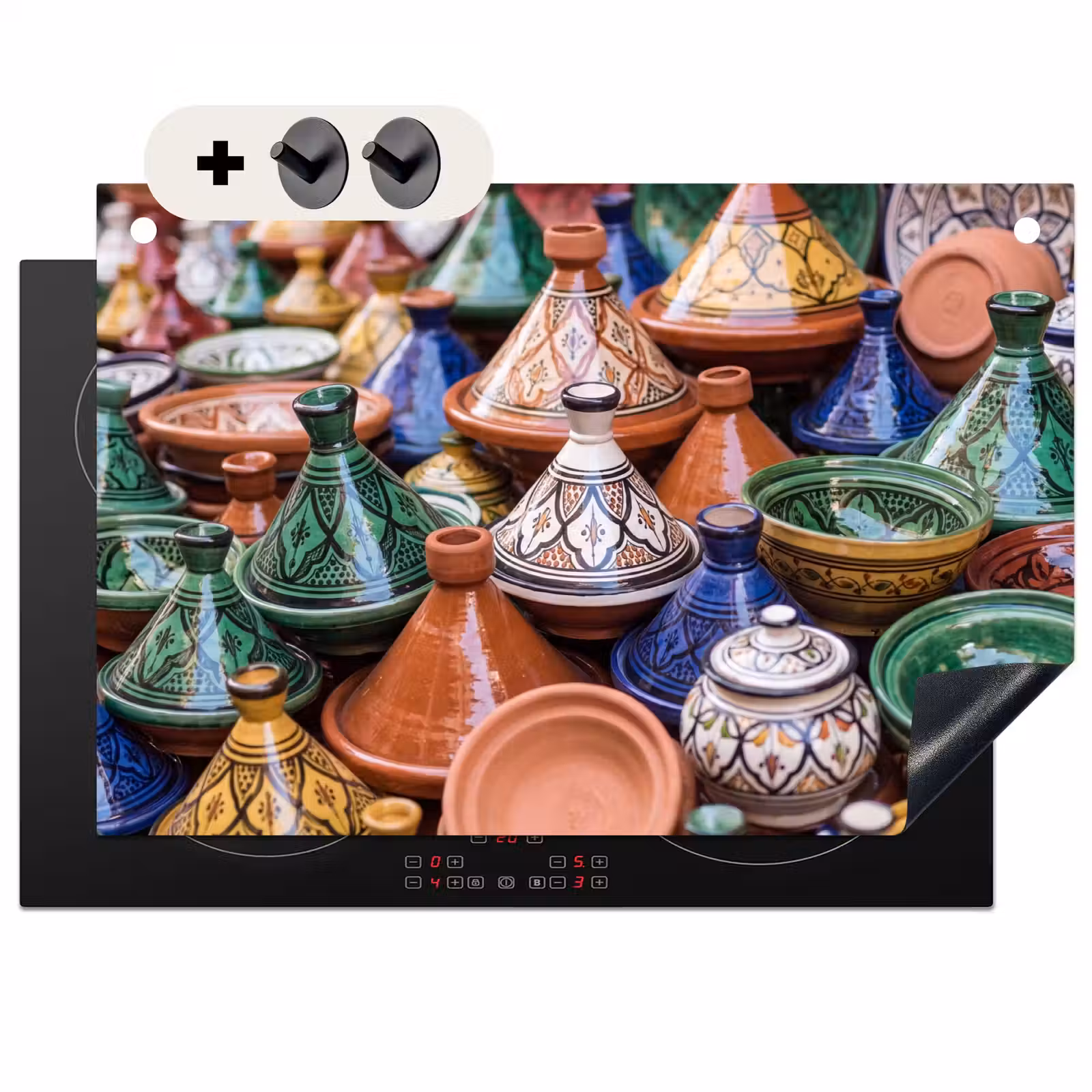 Induction Hob Cover & Splashback (2-in-1) - Pottery - Colorful - Pattern - Aardewerk - Kleurrijk - Patroon Inductie beschemer met haakjes klein