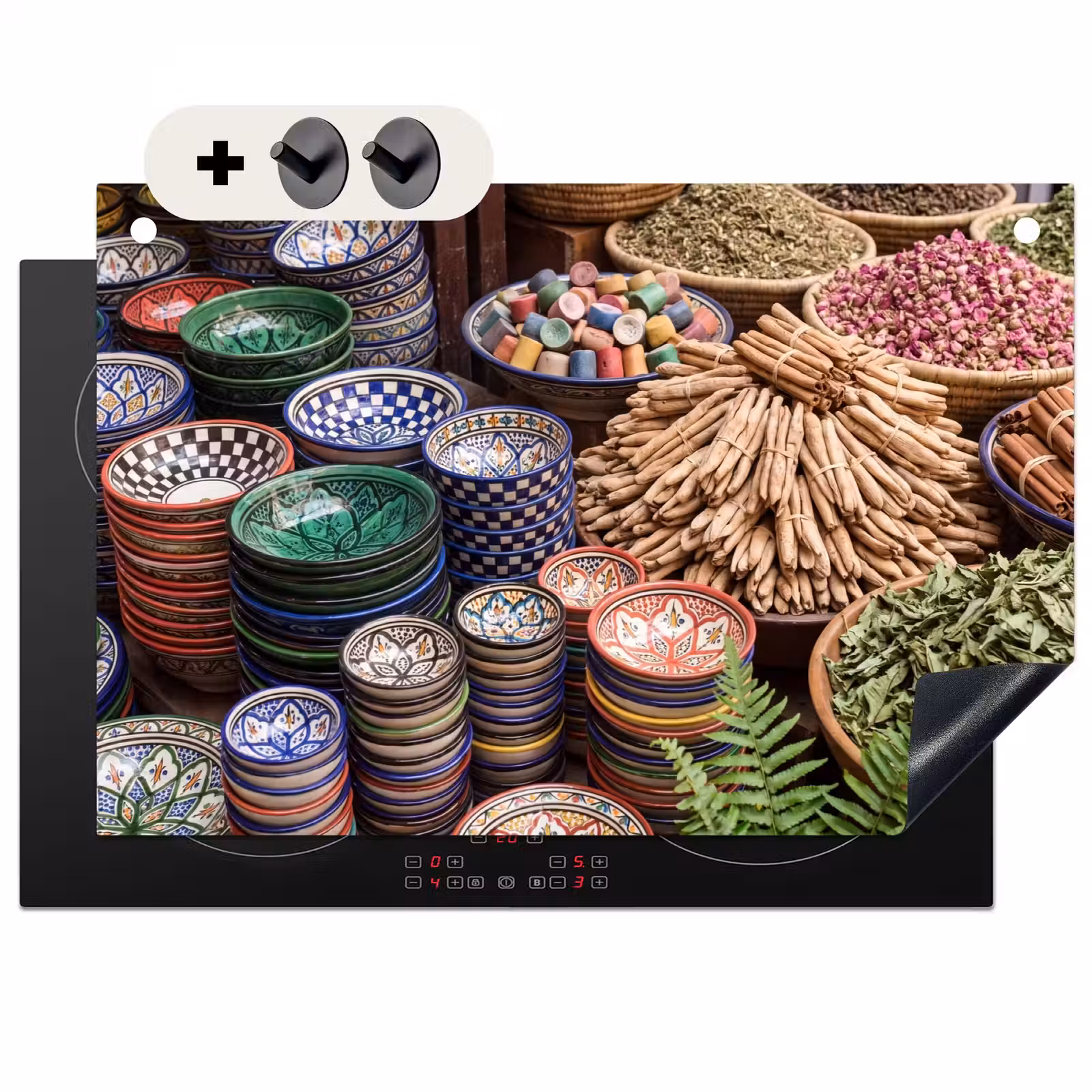 Induction Hob Cover & Splashback (2-in-1) - Pottery - Oriental - Colorful - Aardewerk - Oosters - Kleurrijk Inductie beschemer met haakjes klein