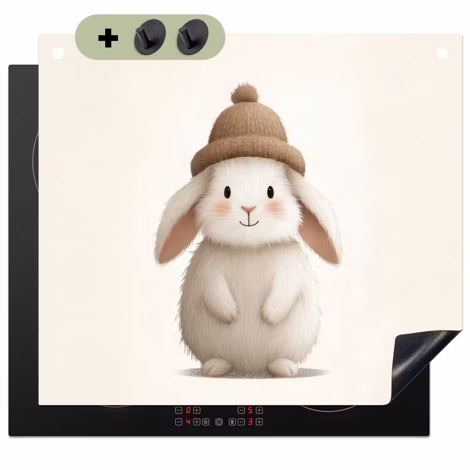 Konijn - Muts - Oren - Beige Inductie beschemer met haakjes middel -3d