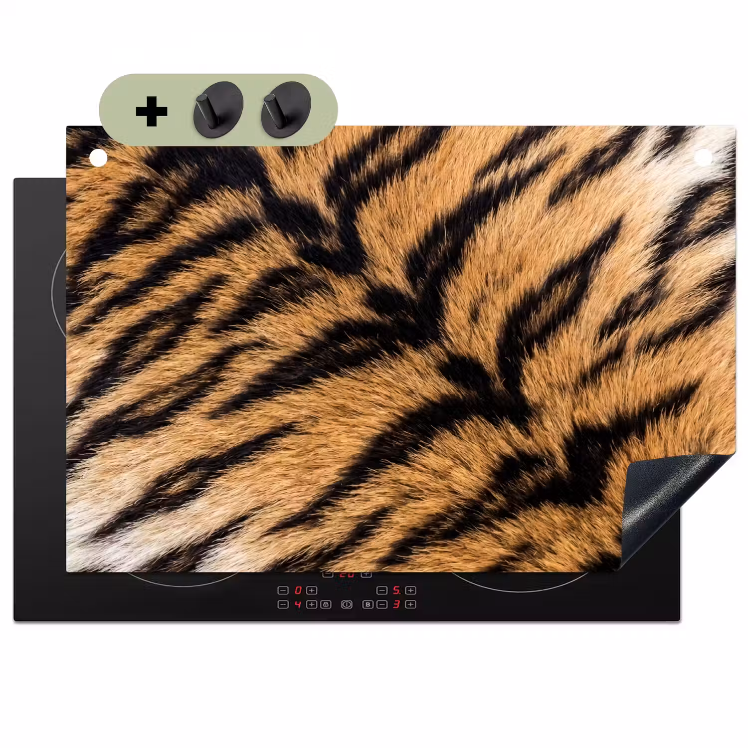 Realistisch - Tijgervacht - Zwart Inductie beschemer met haakjes klein -3d