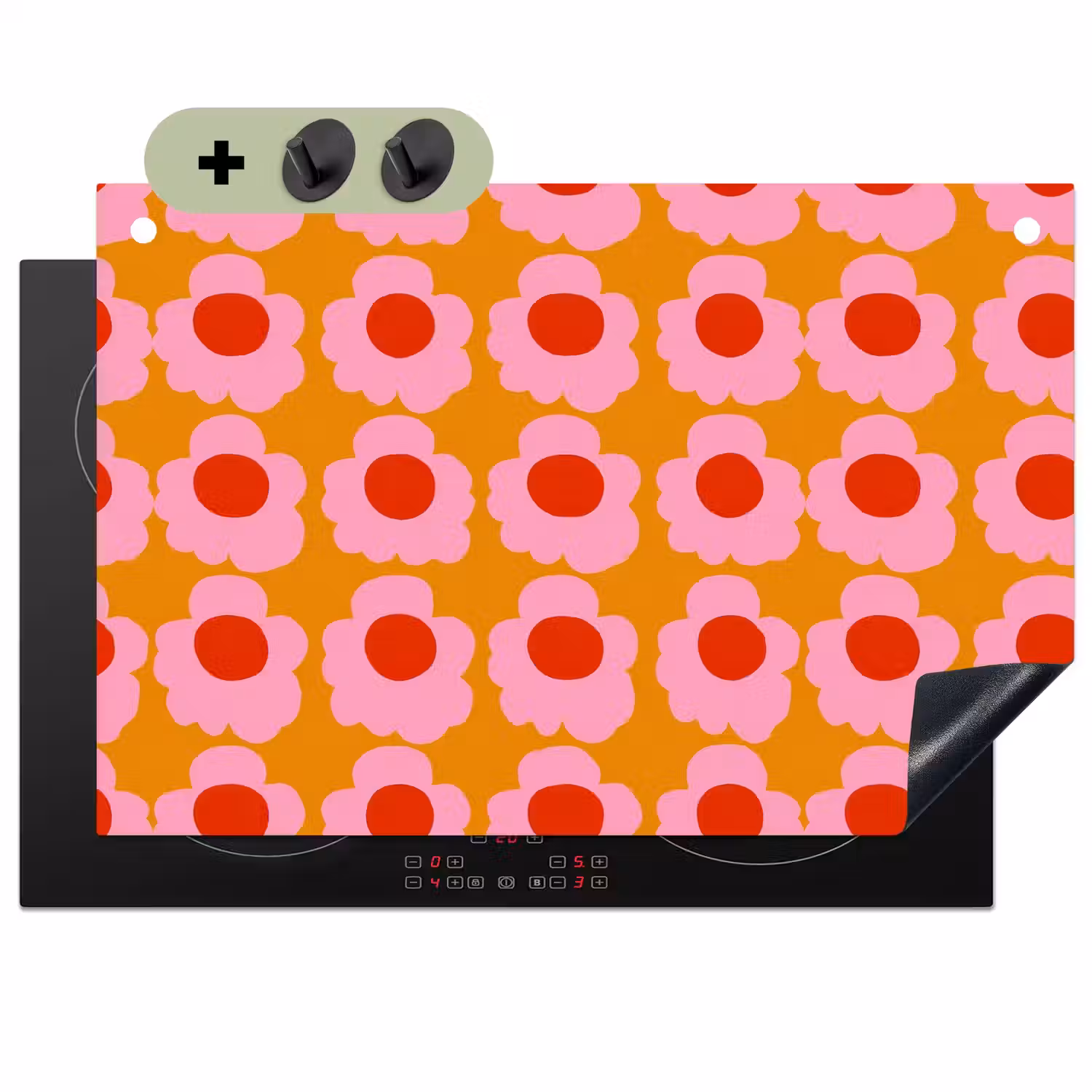 Retro - Bloemen - Roze Inductie beschemer met haakjes klein 777 -3d
