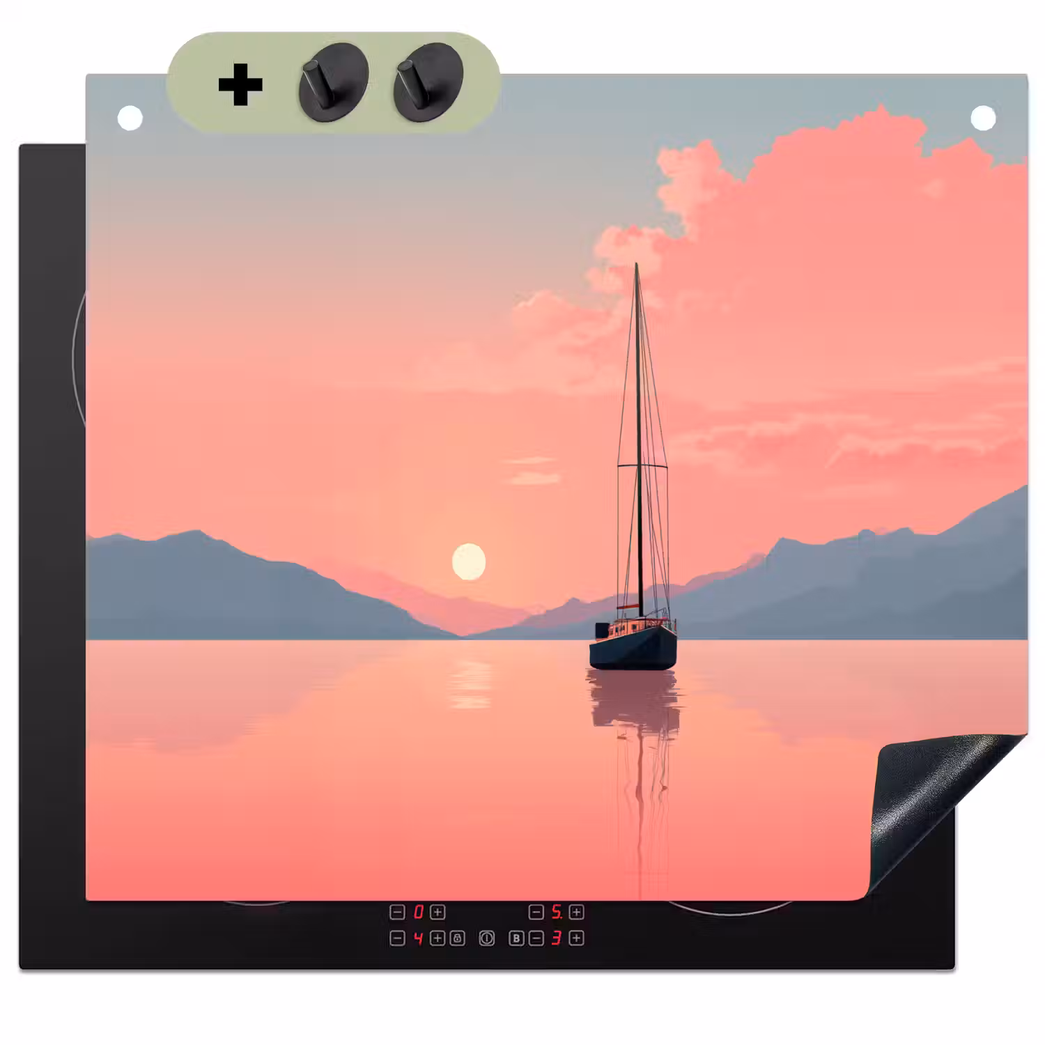 Zeilboot - Roze zee - Zonsondergang - Bergen Inductie beschemer met haakjes middel -3d