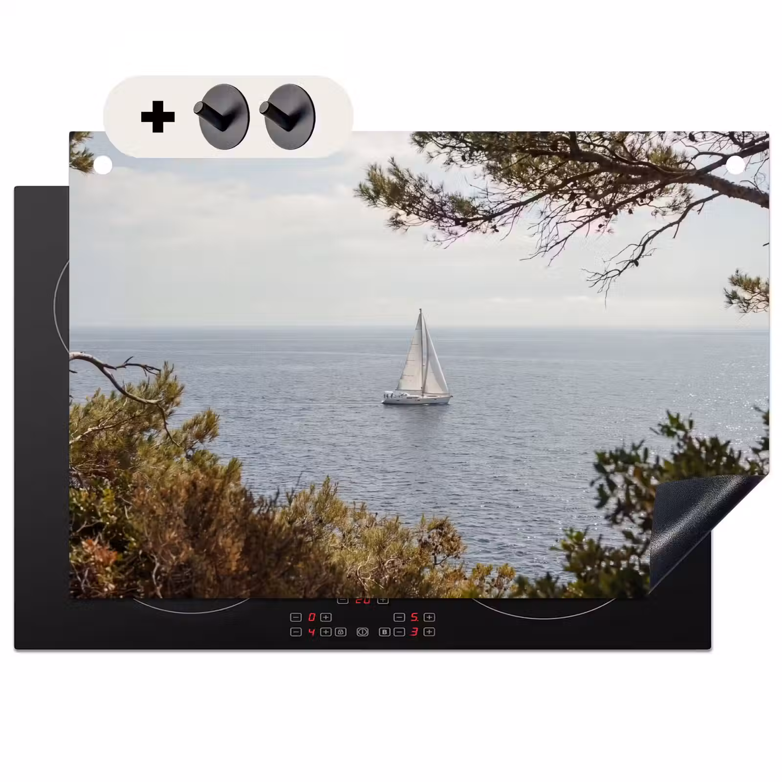 Induction Hob Cover & Splashback (2-in-1) - Sailboat - trees - water - Zeilboot - bomen - water Inductie beschemer met haakjes klein