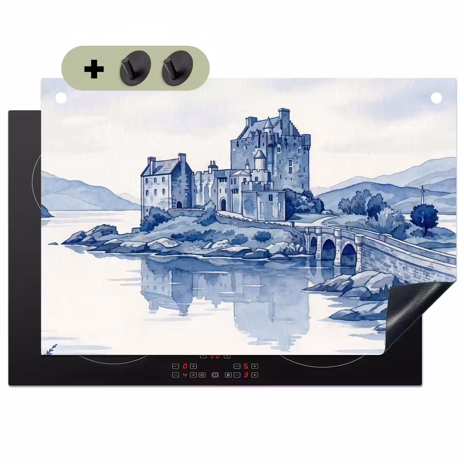 Schots - Kasteel - Blauw - Aquarel Inductie beschemer met haakjes klein -3d