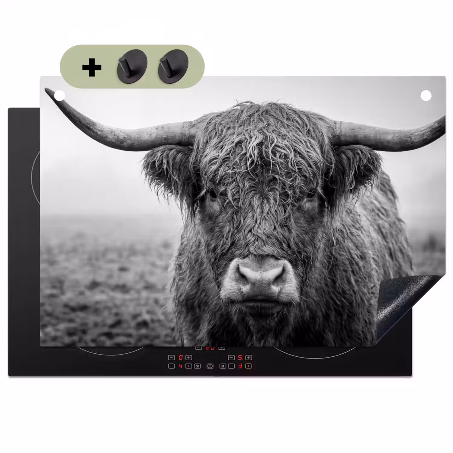 Schotse hooglander - Zwart - Wit - Gras Inductie beschemer met haakjes klein -3d
