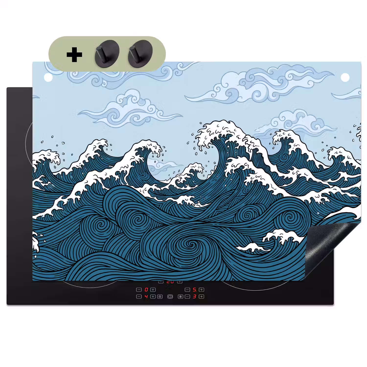 Zee - Golven - Japans - Natuur - Blauw Inductie beschemer met haakjes klein -3d