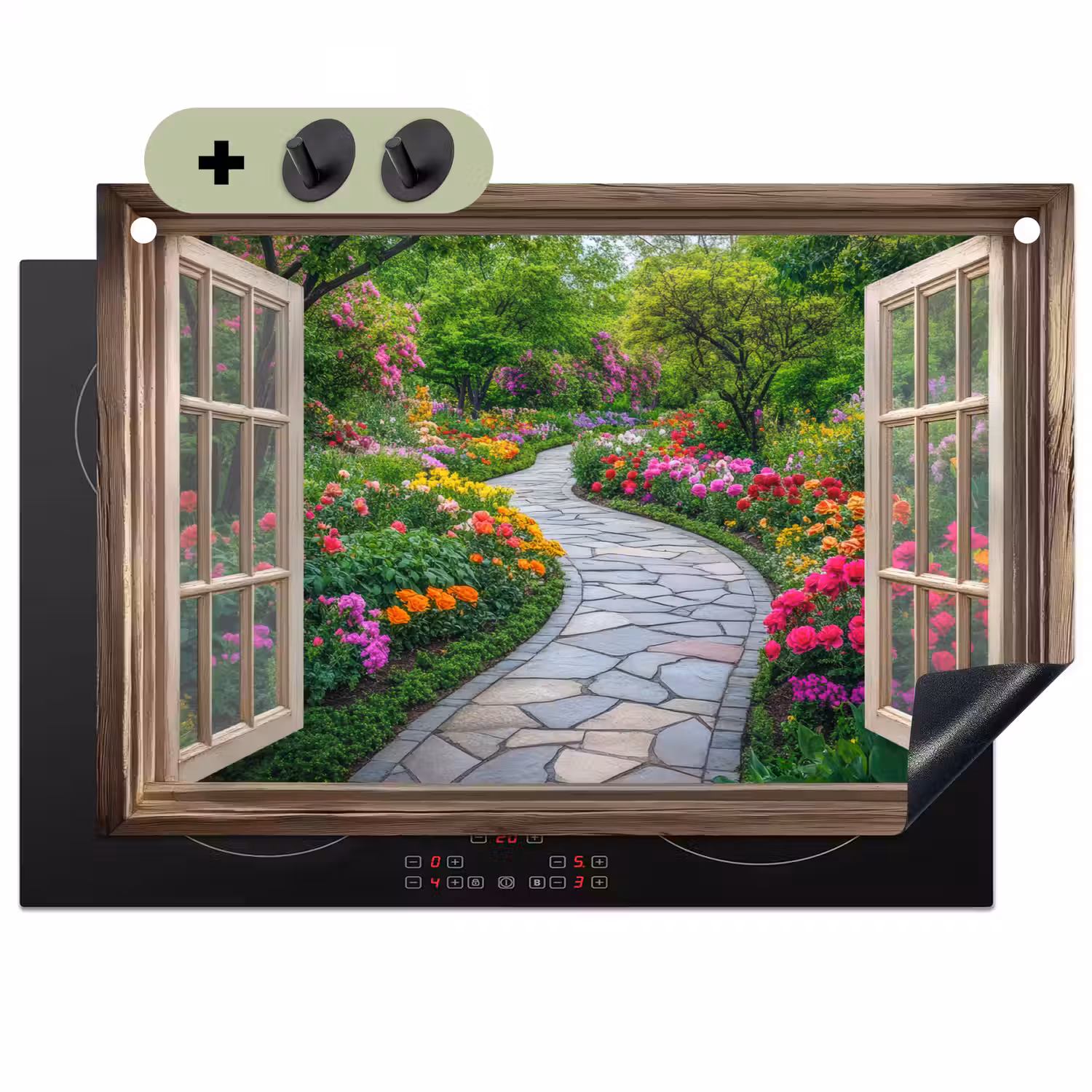 Doorkijk - Bloemen - Tuinpad - Natuur - Raam Inductie beschemer met haakjes klein -3d