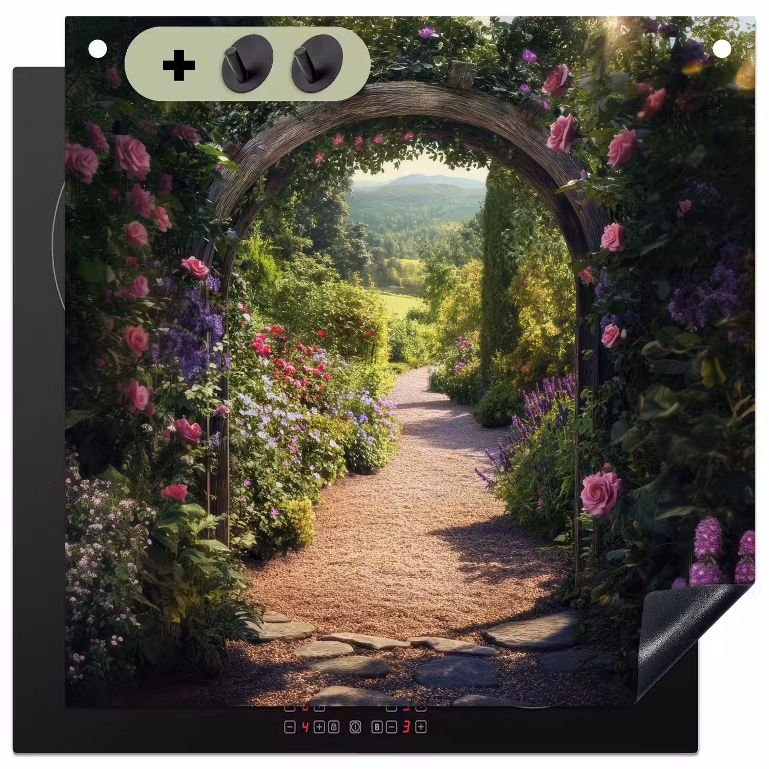 Doorkijk - Bloemen - Natuur - Rozenboog Inductie beschemer met haakjes middel -3d
