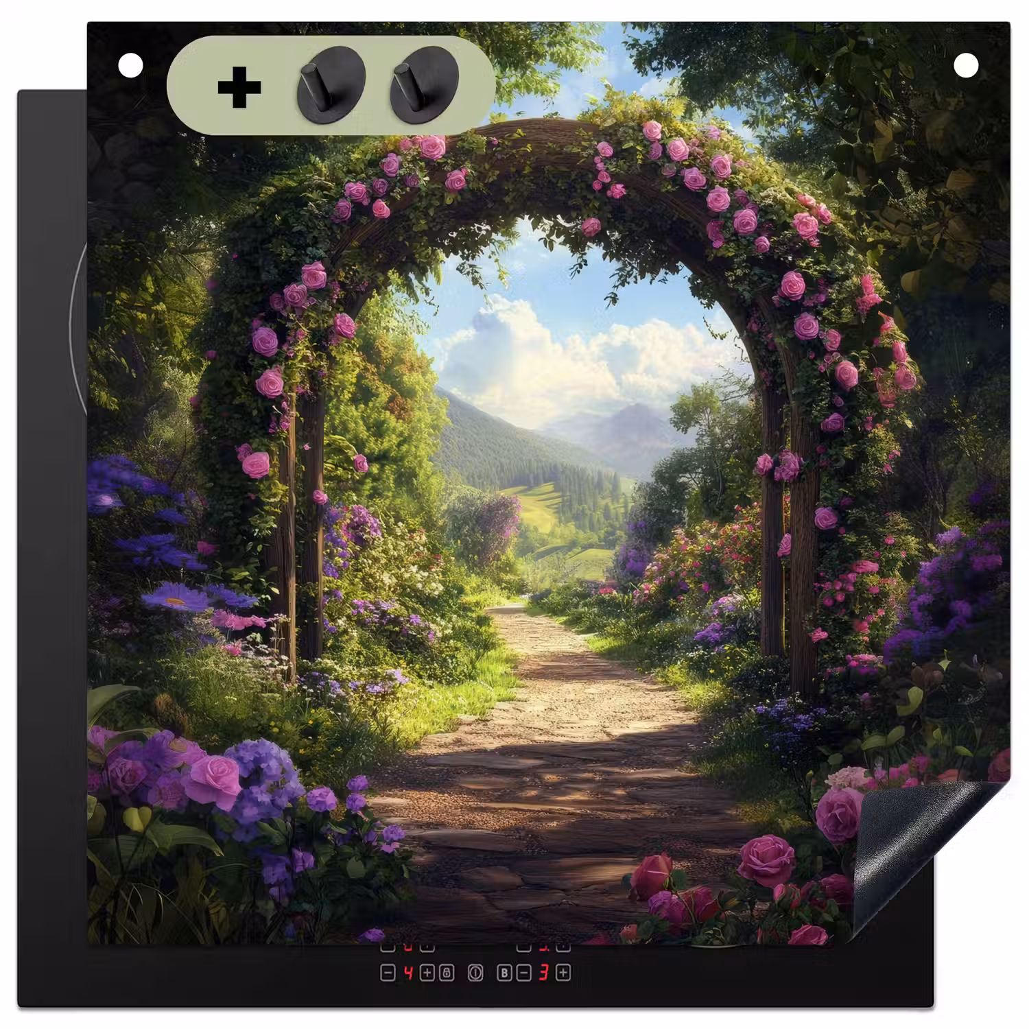 Doorkijk - Rozenboog - Uitzicht - Landschap - Bloemen Inductie beschemer met haakjes middel -3d