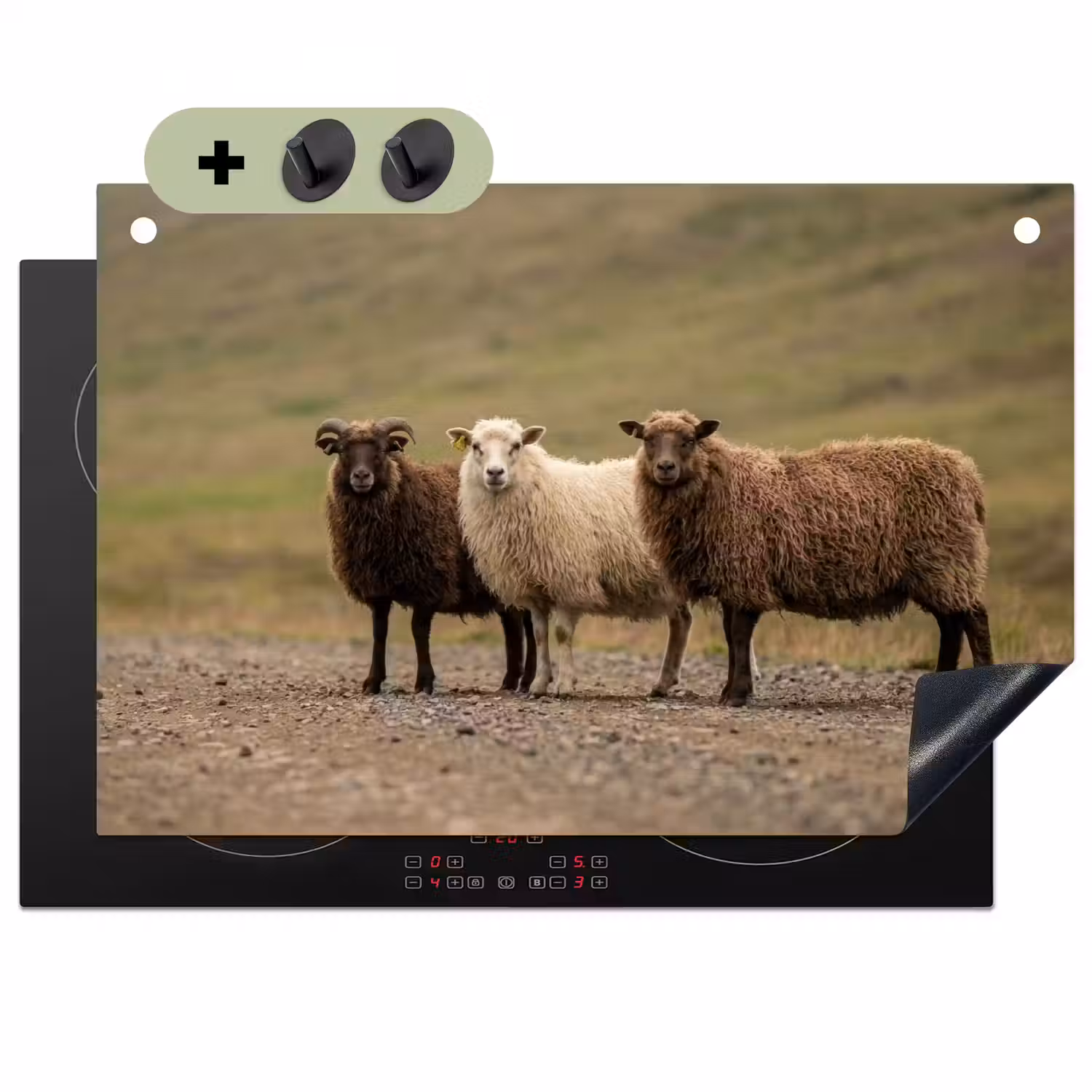 Schapen - Bruin - Wit - Grindpad Inductie beschemer met haakjes klein -3d