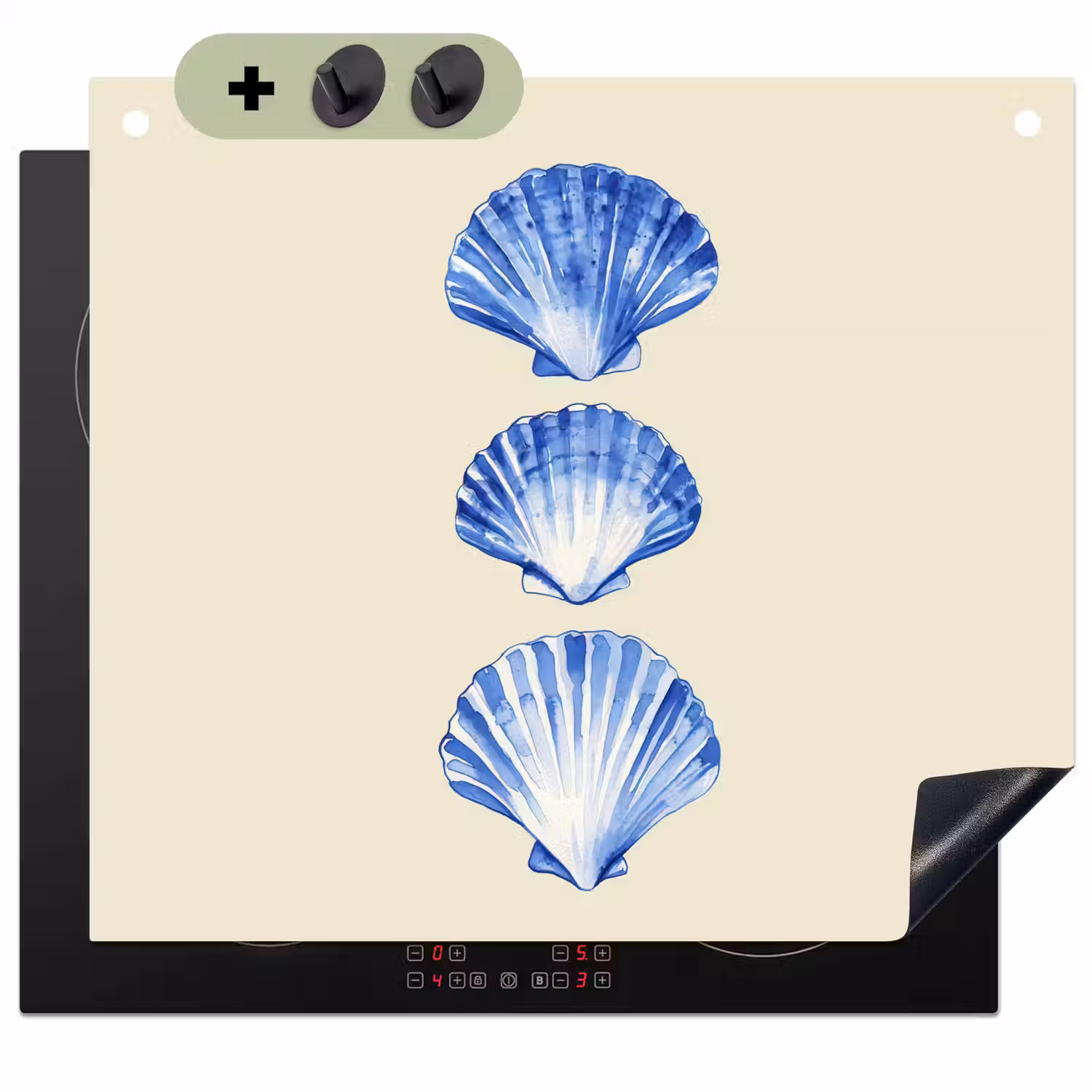 Schelpen - Blauw - Beige Inductie beschemer met haakjes middel -3d