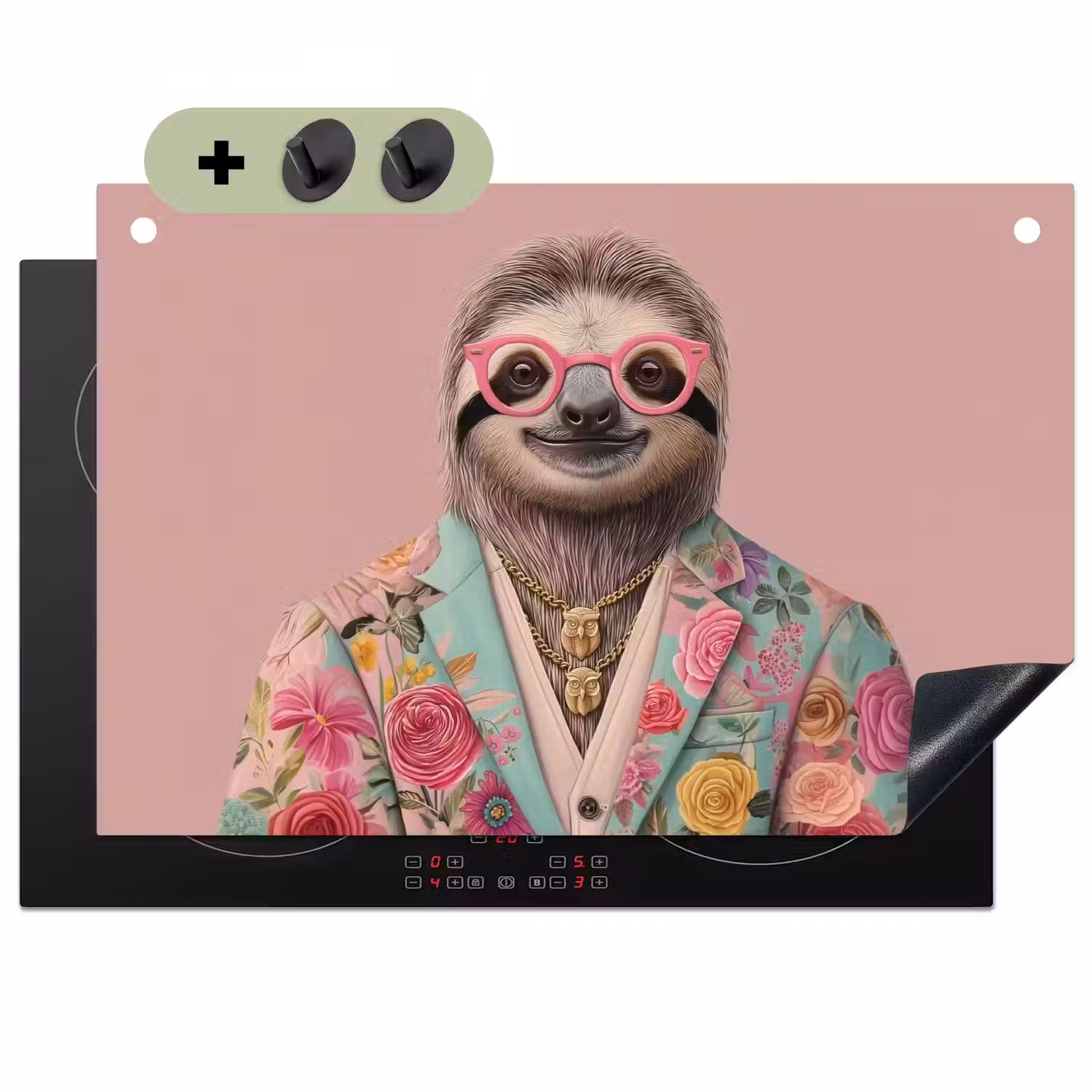 Luiaard - Bloemenprint - Bril - Roze Inductie beschemer met haakjes klein -3d