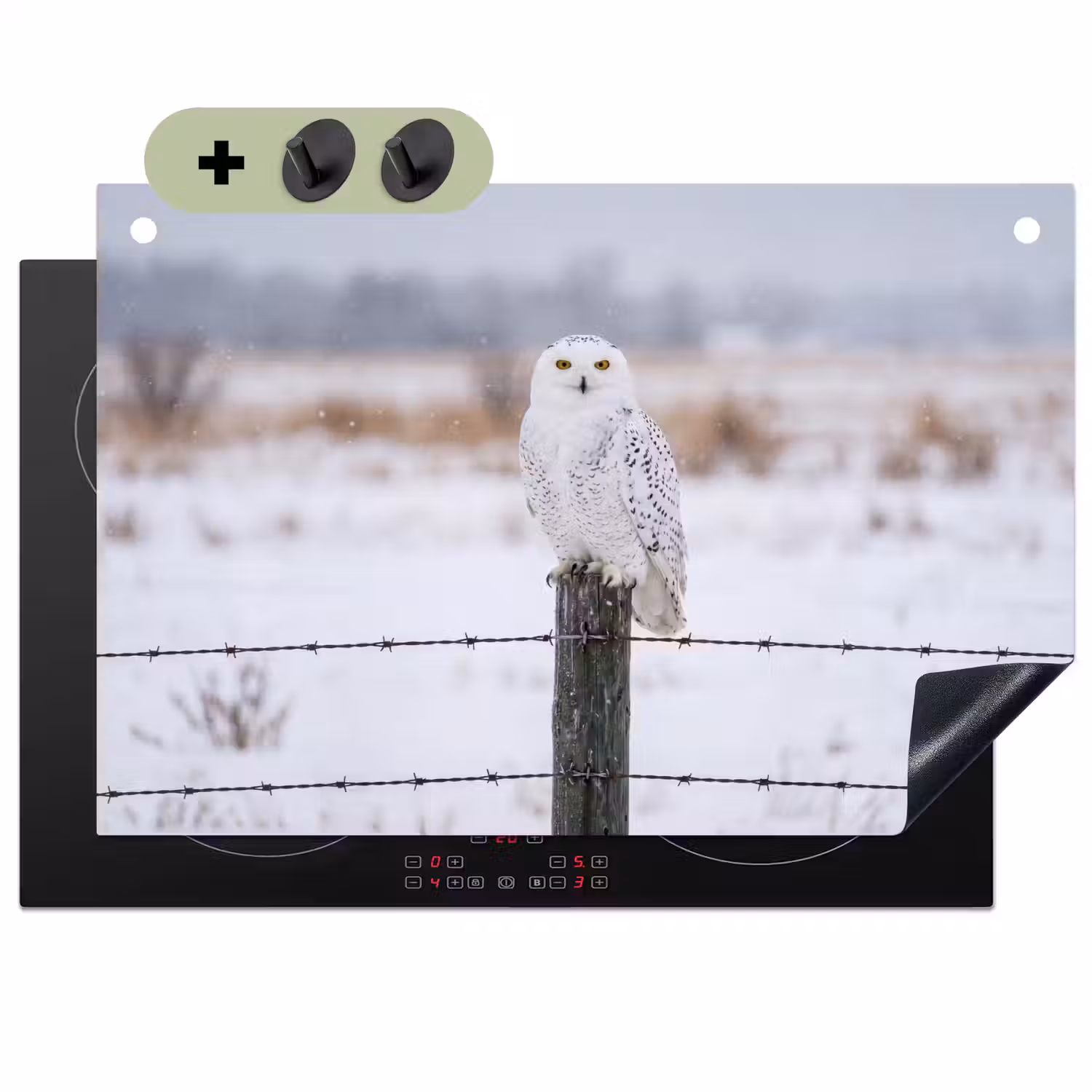 Sneeuwuil - Hek - Sneeuw - Wit Inductie beschemer met haakjes klein -3d