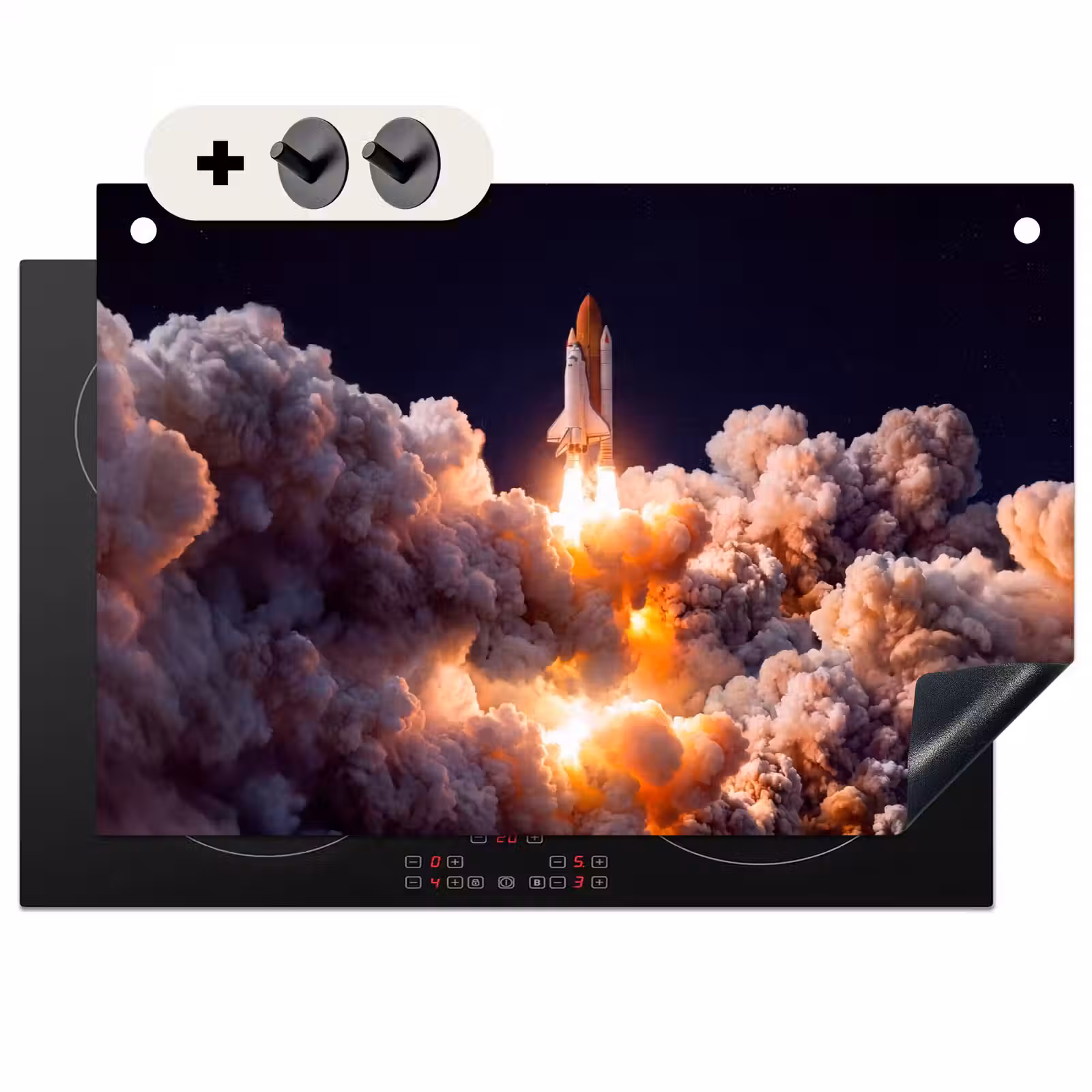 Induction Hob Cover & Splashback (2-in-1) - Spacecraft - Launch - Stars - Ruimtevaartuig - Lancering - Sterren Inductie beschemer met haakjes klein
