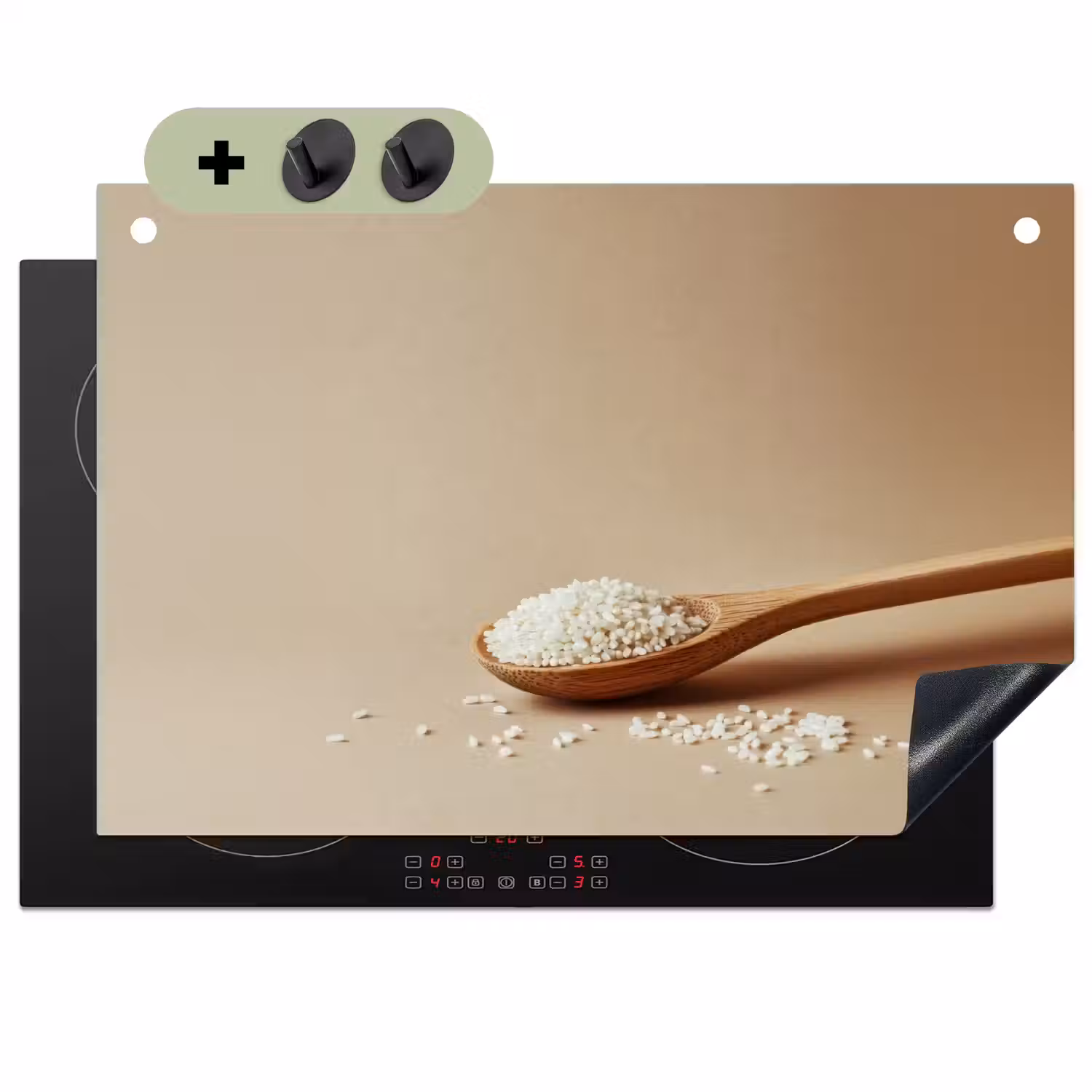 Lepel - Rijst - Hout - Beige Inductie beschemer met haakjes klein -3d