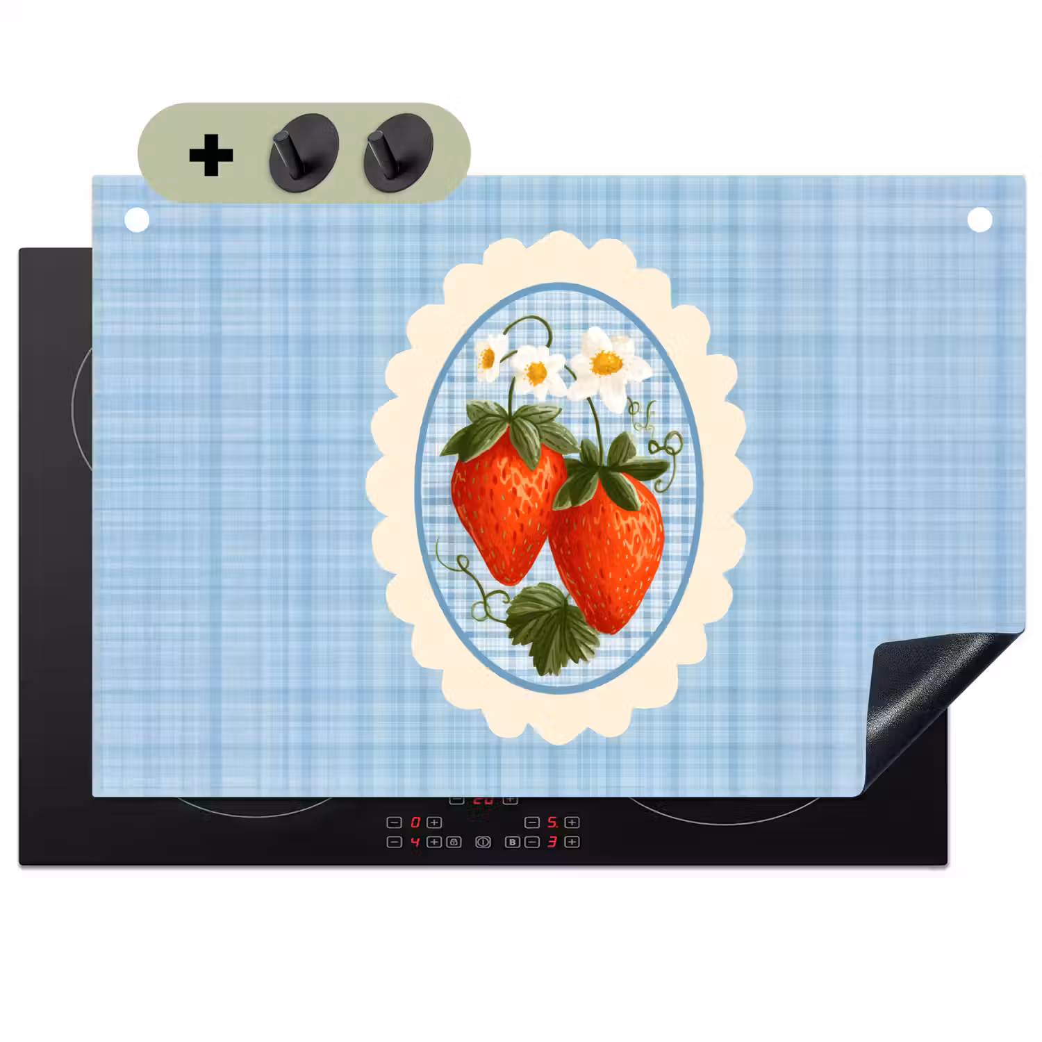 Aardbeien - Lijst - Rood - Geruit Inductie beschemer met haakjes klein -3d
