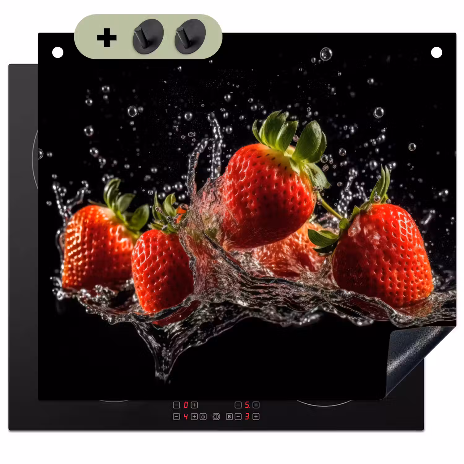 Aardbeien - Fruit - Rood - Water - Zwart Inductie beschemer met haakjes middel -3d