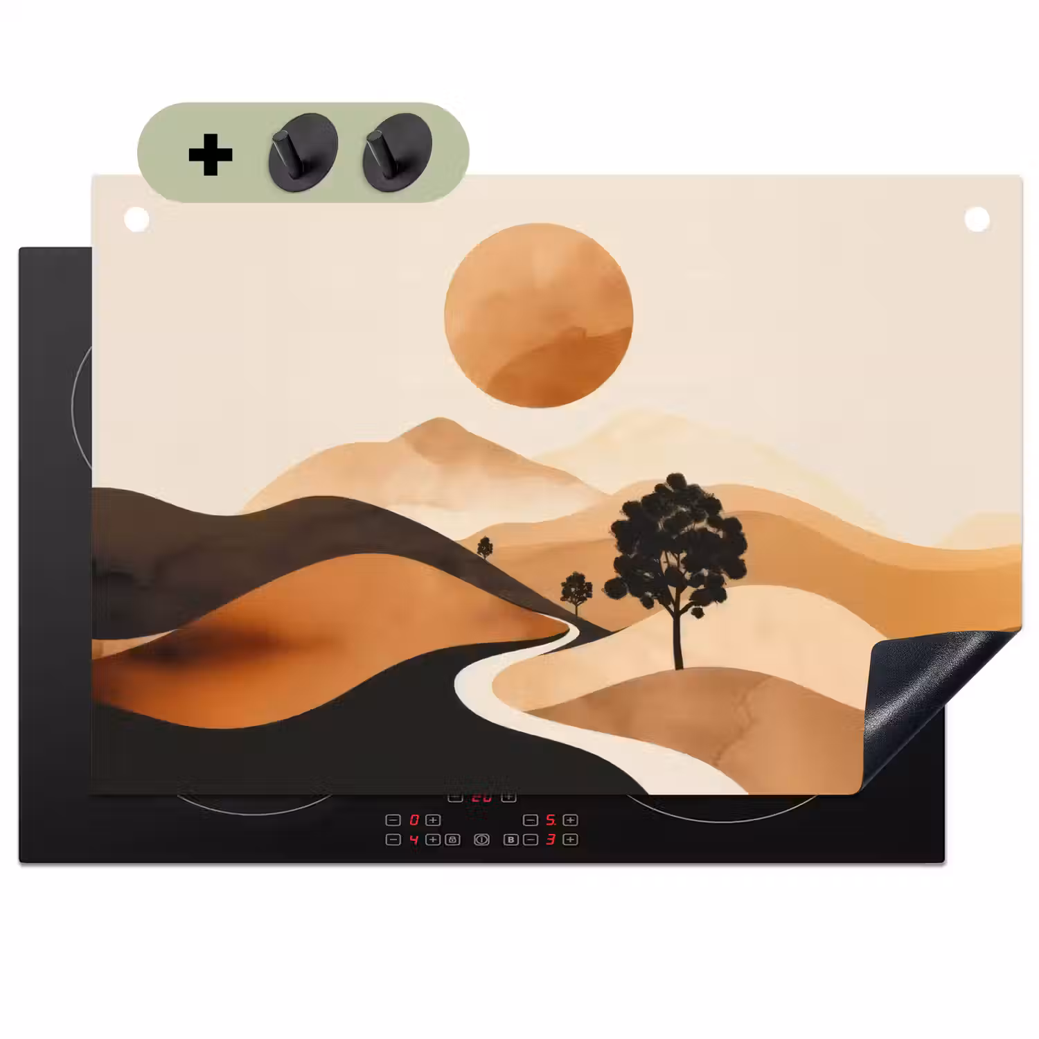 Zon - Heuvels - Boom - Abstract Inductie beschemer met haakjes klein -3d