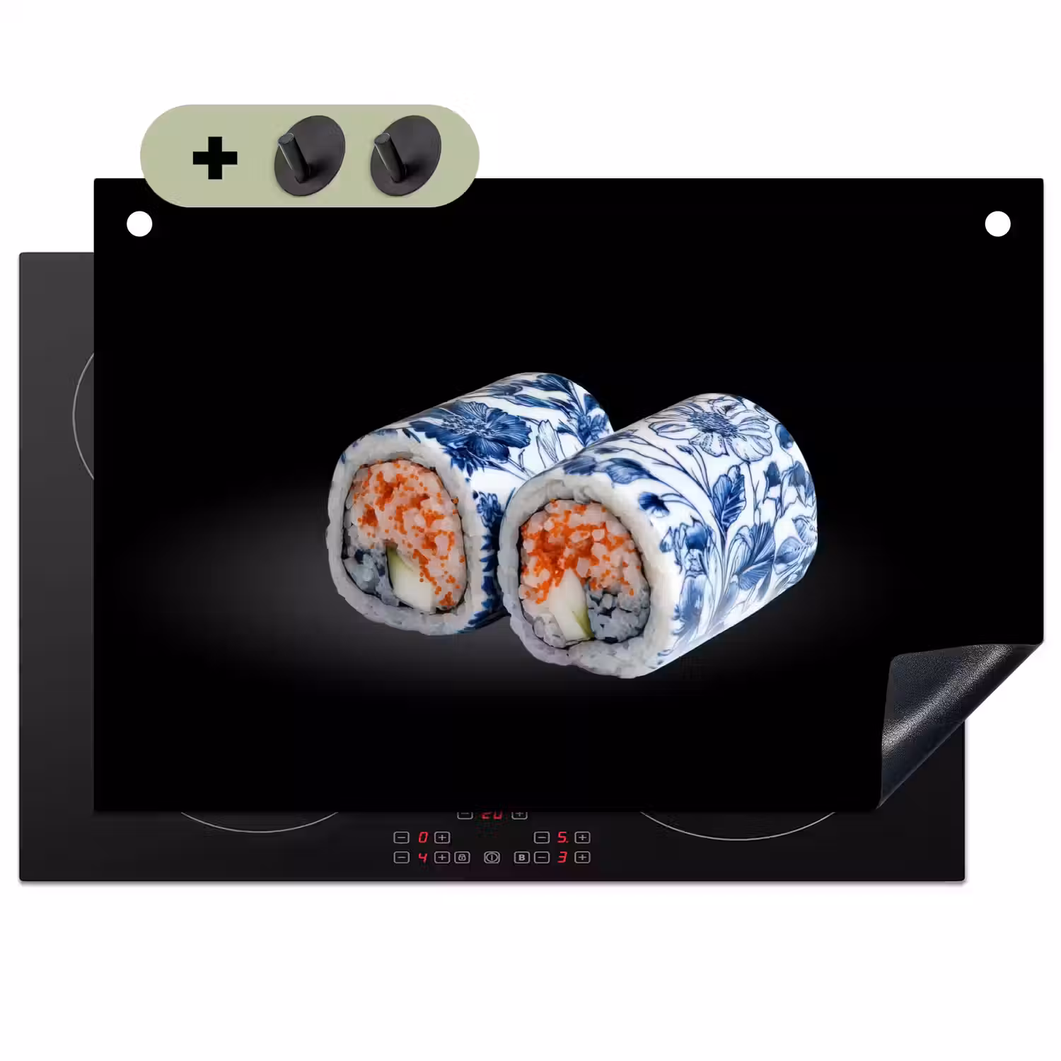 Sushi - Delfts blauw - Rijst - Vis - Elegant Inductie beschemer met haakjes klein -3d