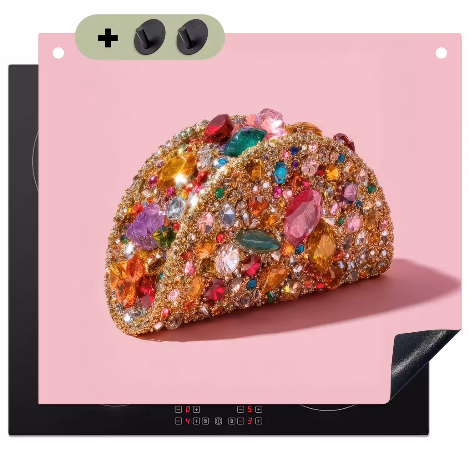 Taco - Kleurrijk - Edelstenen - Goud Inductie beschemer met haakjes middel -3d
