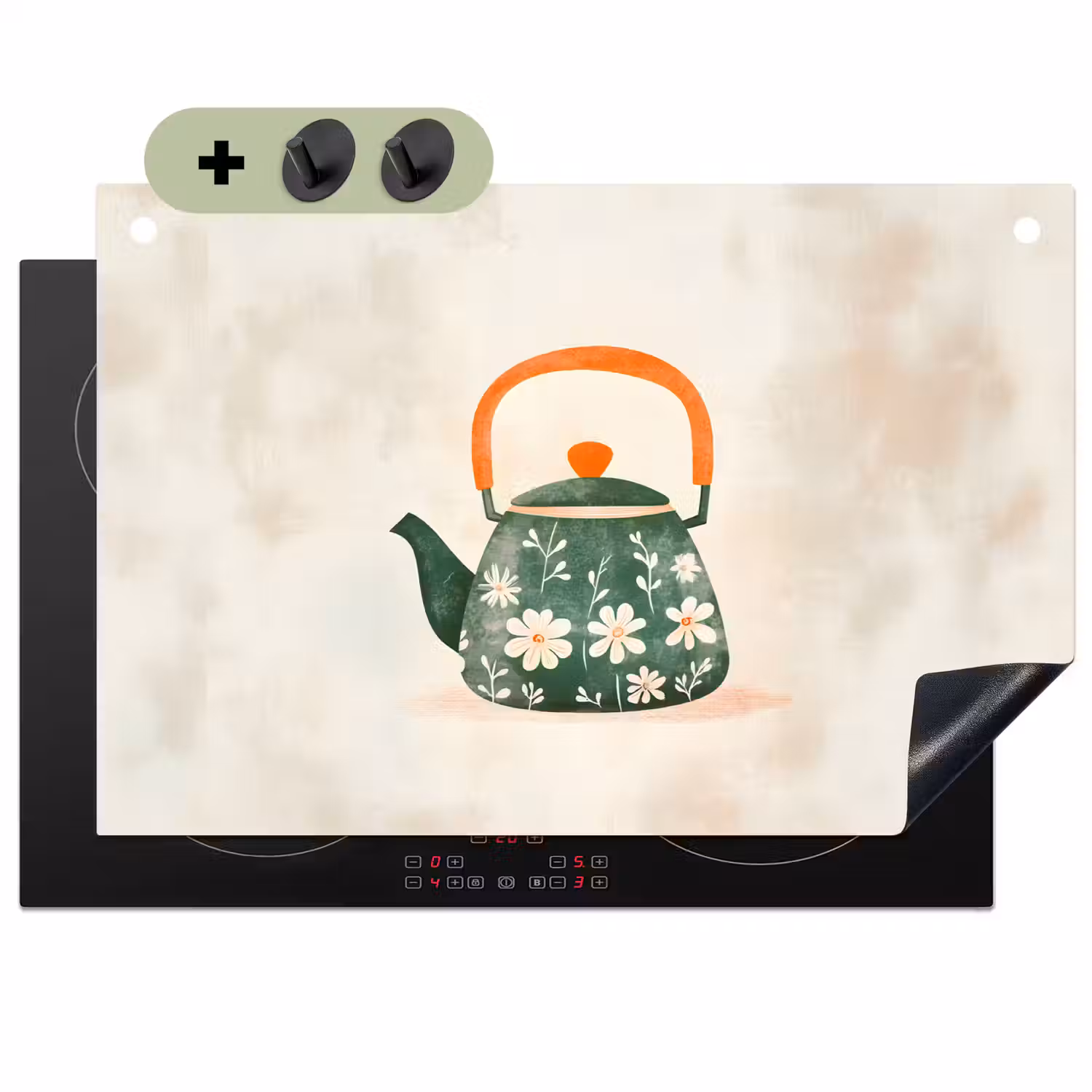 Theepot - Groen - Bloemen - Oranje Inductie beschemer met haakjes klein -3d