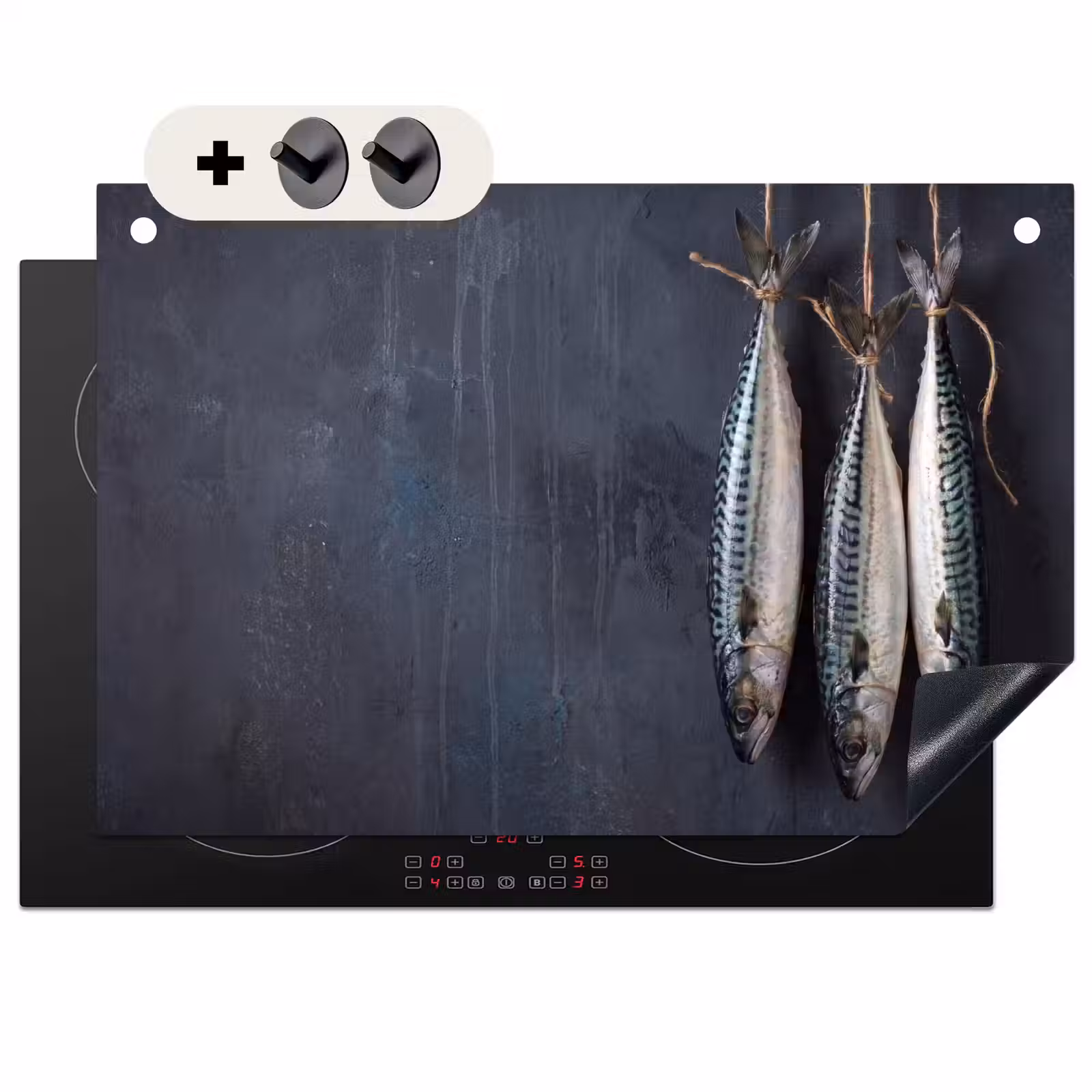 Induction Hob Cover & Splashback (2-in-1) - Three Fish - Rope - Drie vissen - Touw Inductie beschemer met haakjes klein