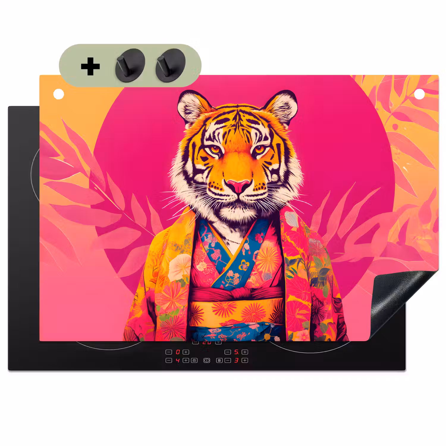 Tijger - Kimono - Planten - Roze Inductie beschemer met haakjes klein -3d