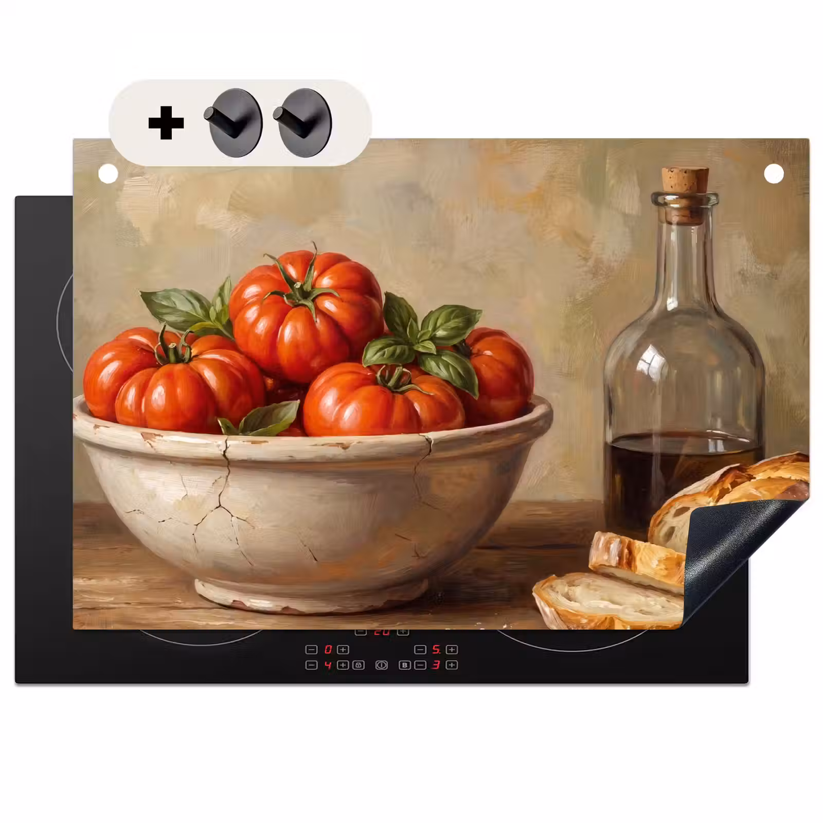 Induction Hob Cover & Splashback (2-in-1) - Tomatoes - Bowl - Food - Tomaten - Kom - Eten Inductie beschemer met haakjes klein