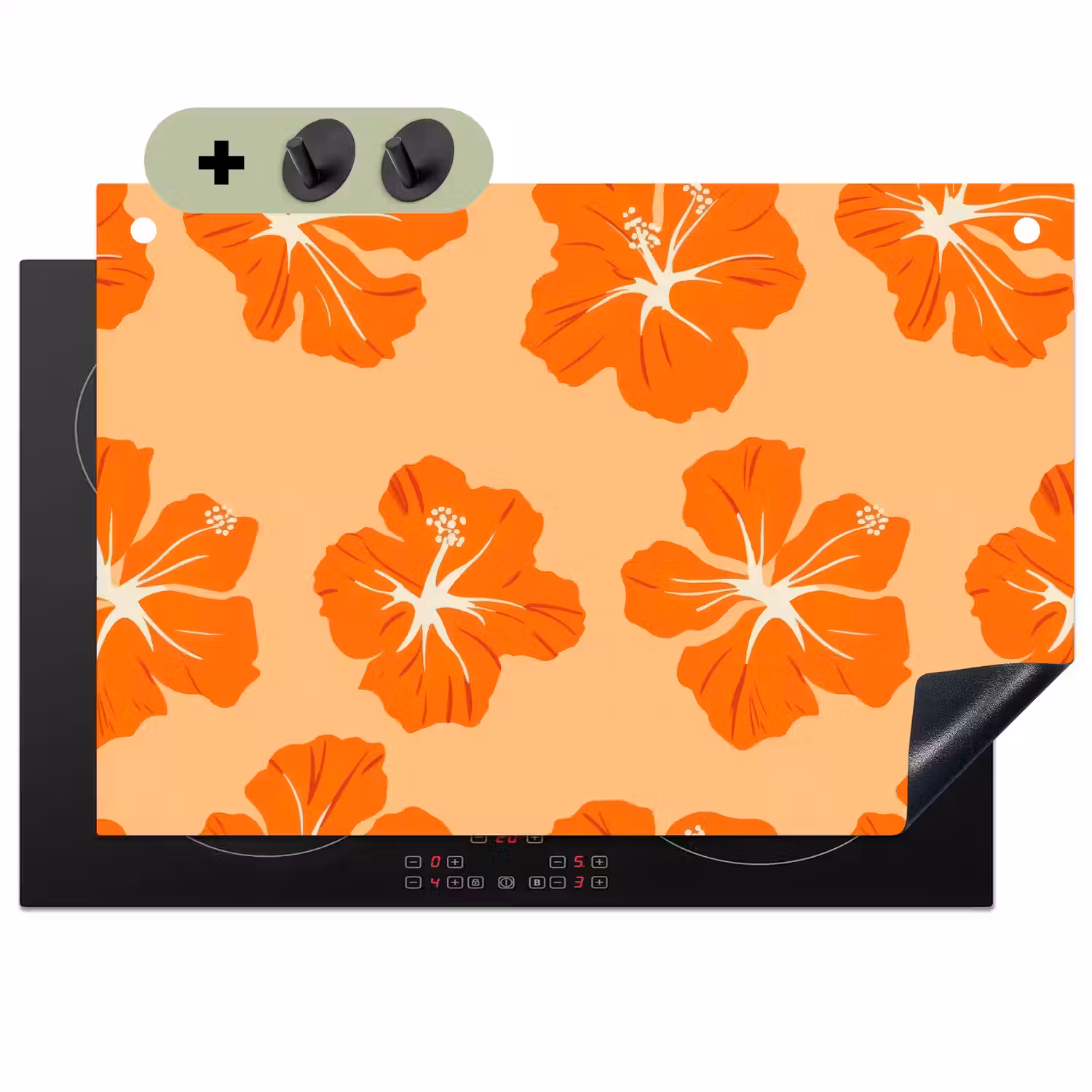 Tropisch - Hibiscus - Oranje Inductie beschemer met haakjes klein 777 -3d