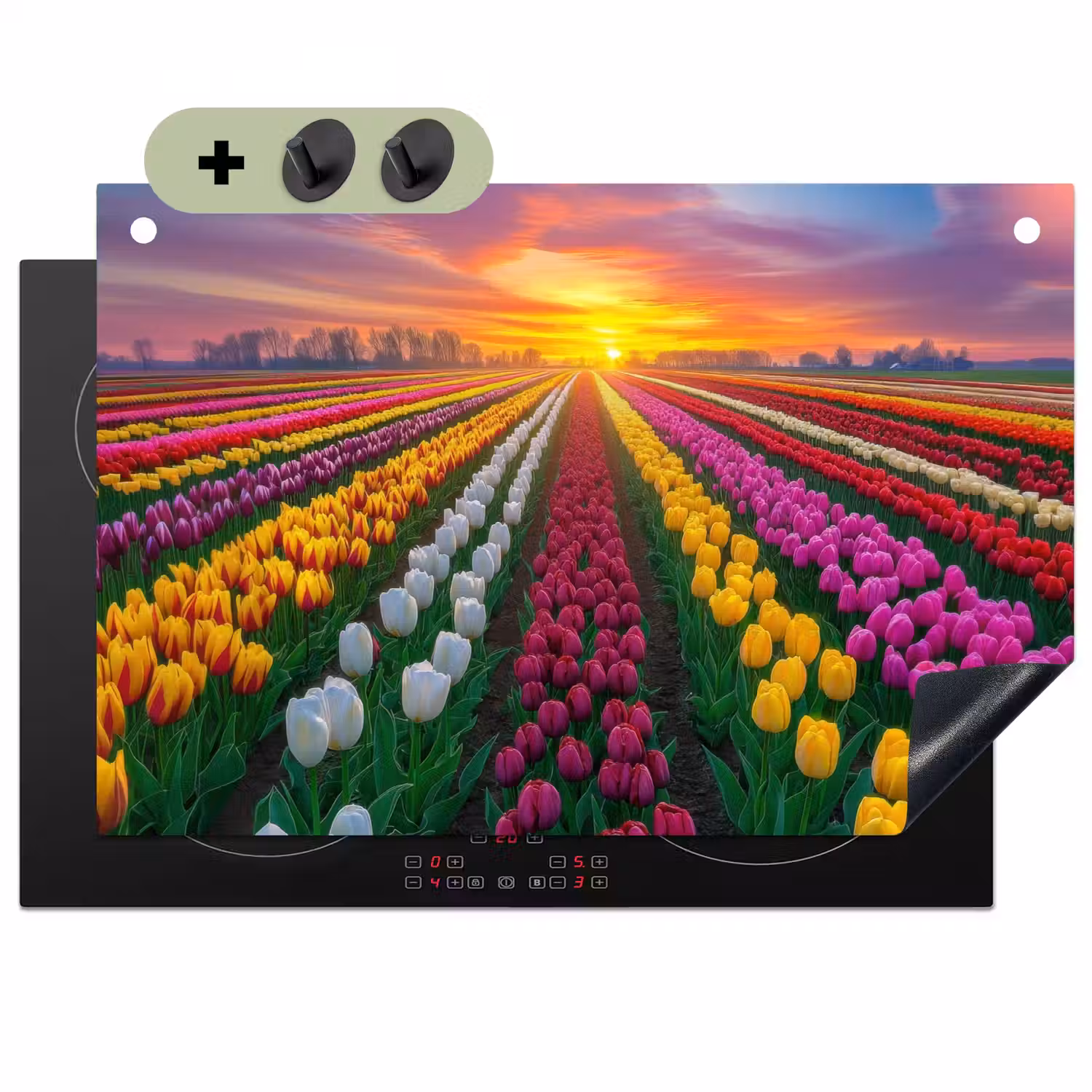 Tulpenveld - Zonsondergang - Kleurrijk Inductie beschemer met haakjes klein -3d