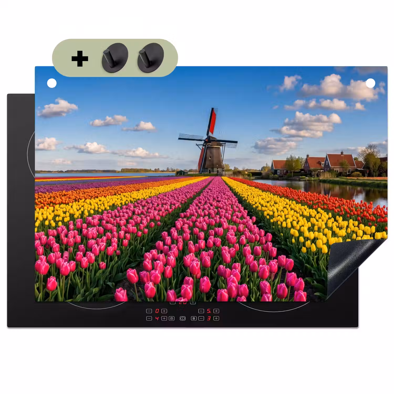 Tulpen - Holland - Molen - Kleurrijk Inductie beschemer met haakjes klein -3d