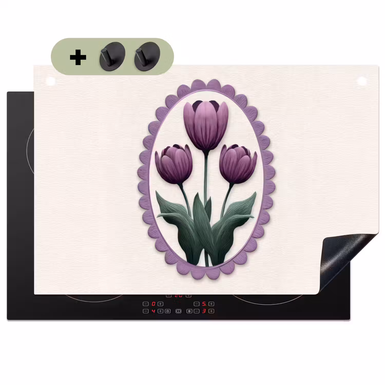 Tulpen - Paars - Lijst - Bladeren Inductie beschemer met haakjes klein -3d