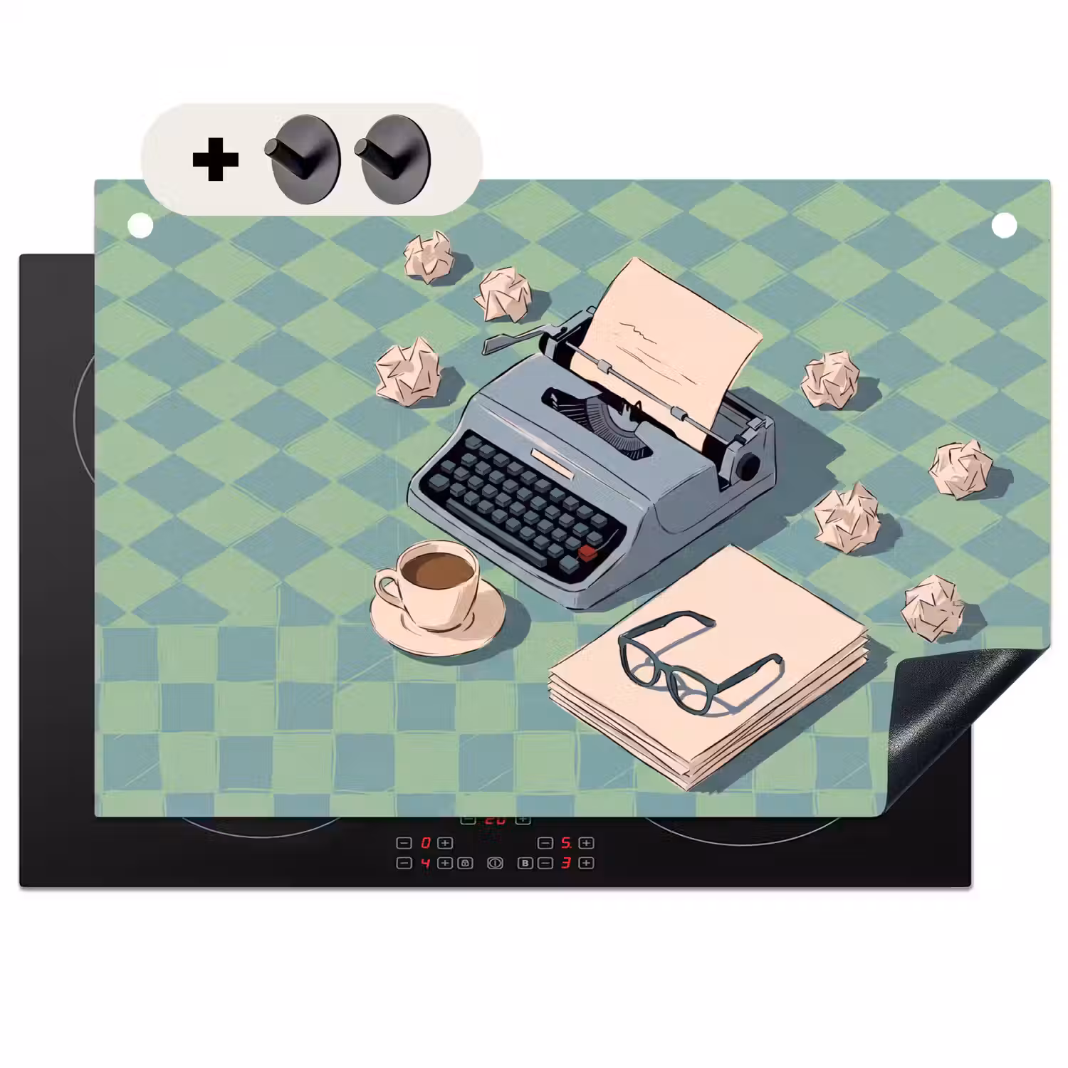 Typemachine - Kantoor - Vintage - Illustratie - Groen Inductie beschemer met haakjes klein -3d