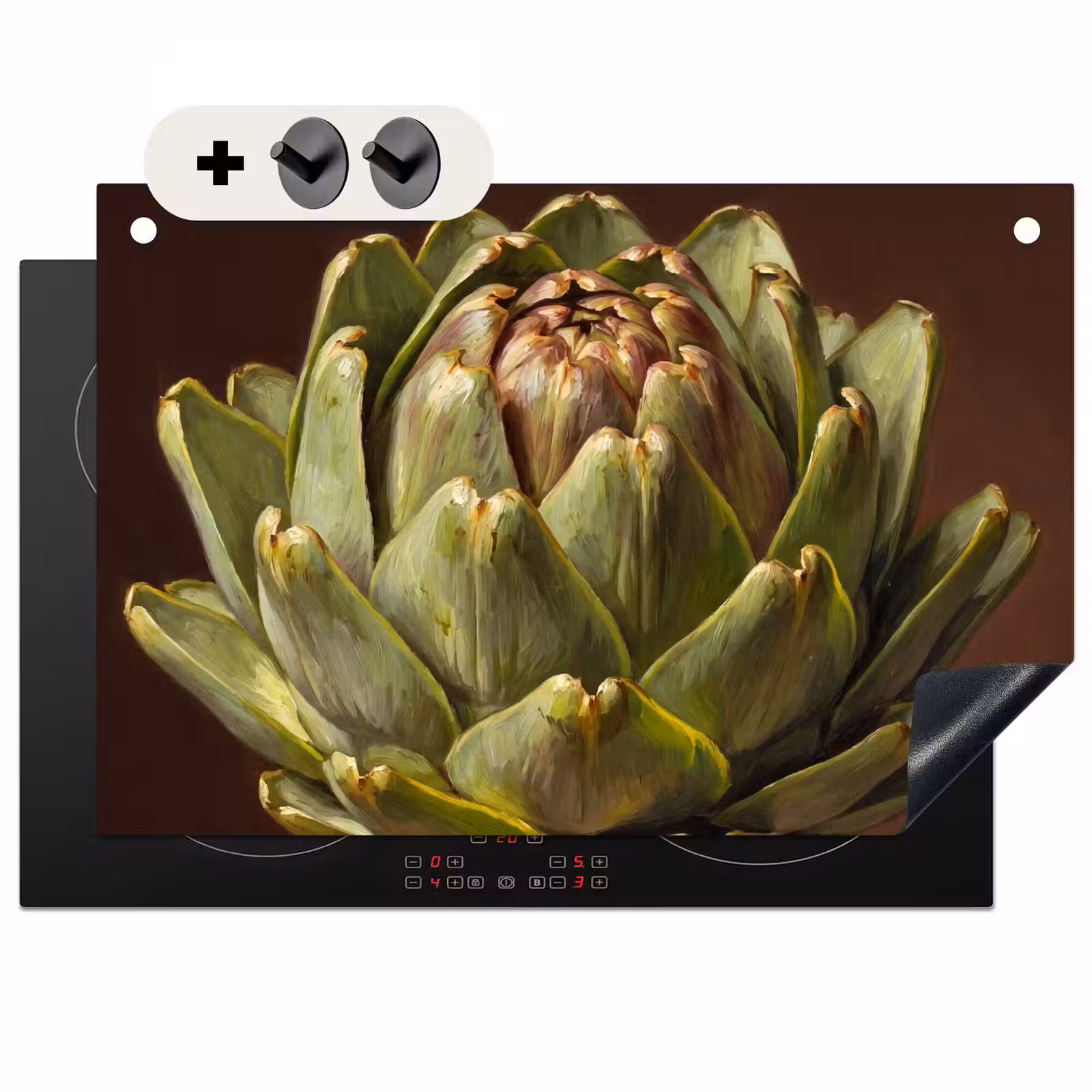 Induction Hob Cover & Splashback (2-in-1) - Vegetable - Artichoke - Green - Groente - Artisjok - Groen Inductie beschemer met haakjes klein