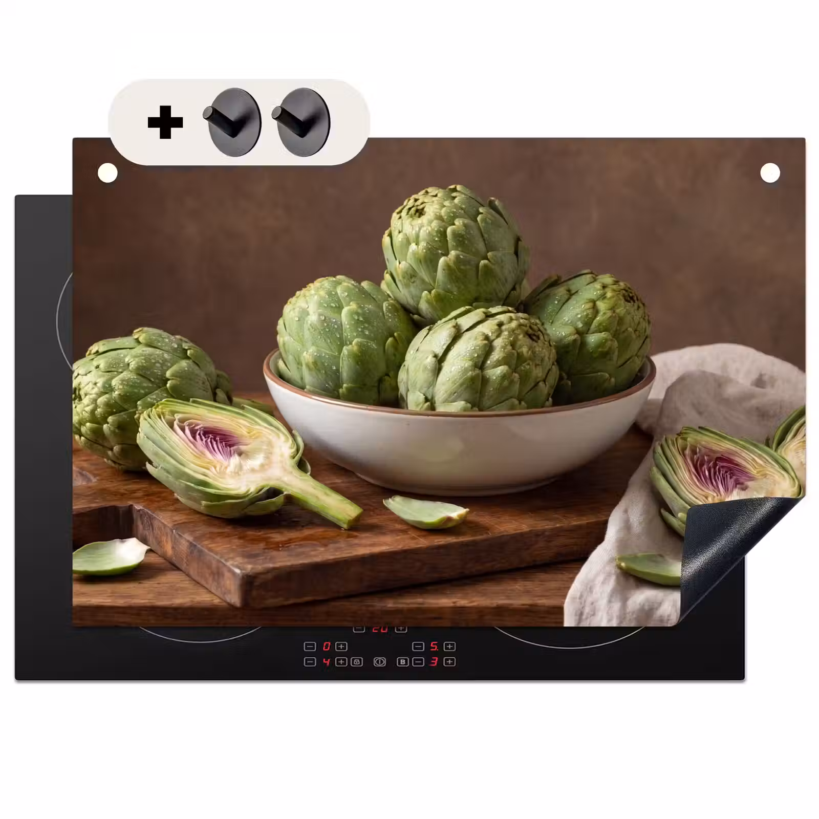 Induction Hob Cover & Splashback (2-in-1) - Vegetables - Artichoke - Kitchen - Groenten - Artisjok - Keuken Inductie beschemer met haakjes klein