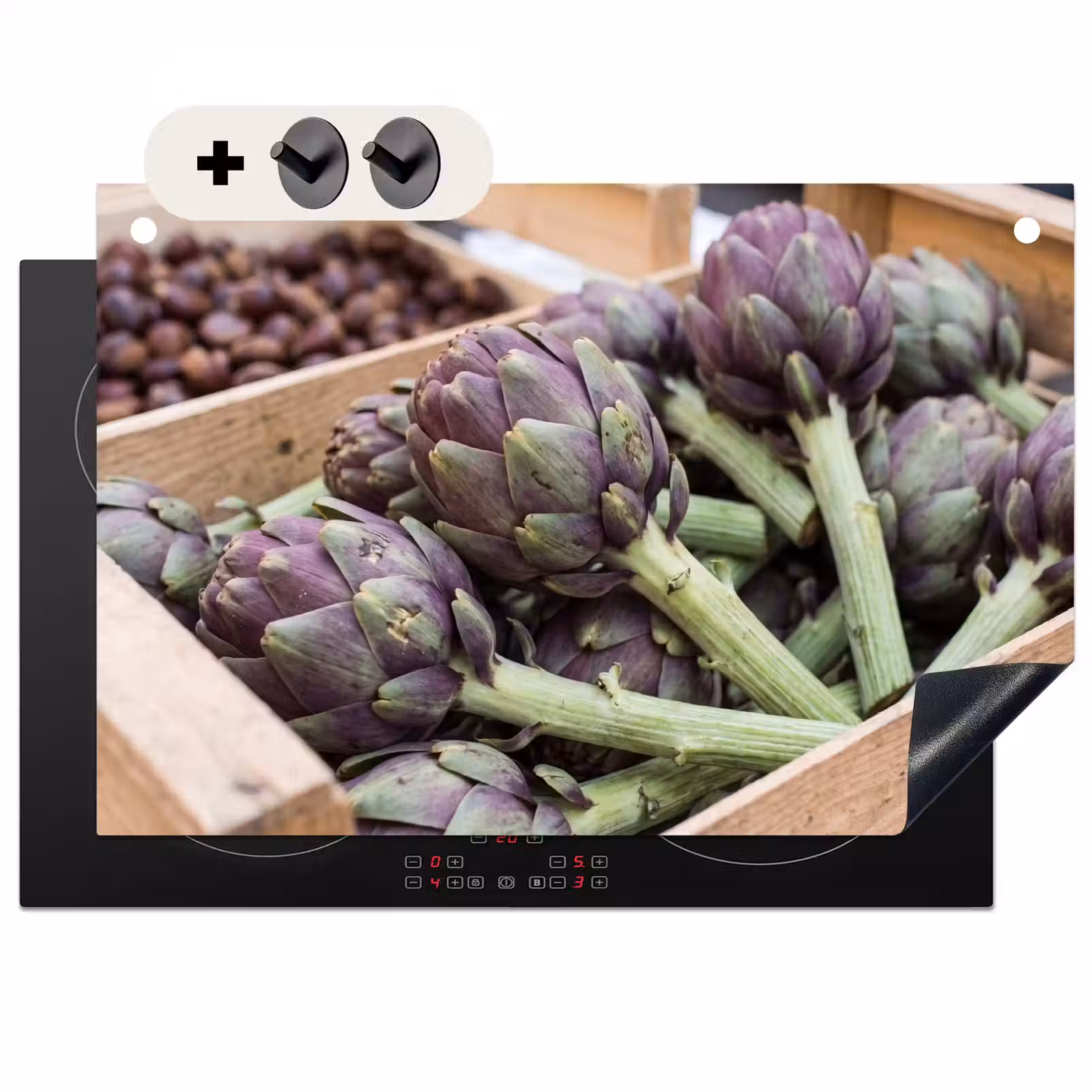 Induction Hob Cover & Splashback (2-in-1) - Vegetables - Market - Fresh - Groenten - Markt - Vers Inductie beschemer met haakjes klein