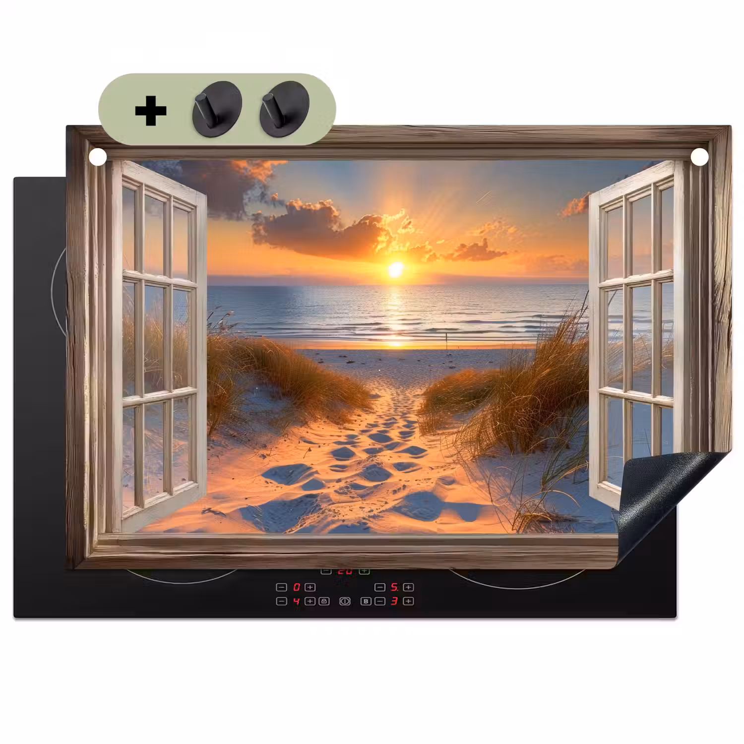 Doorkijk - Strand - Duinen - Zonsondergang Inductie beschemer met haakjes klein -3d