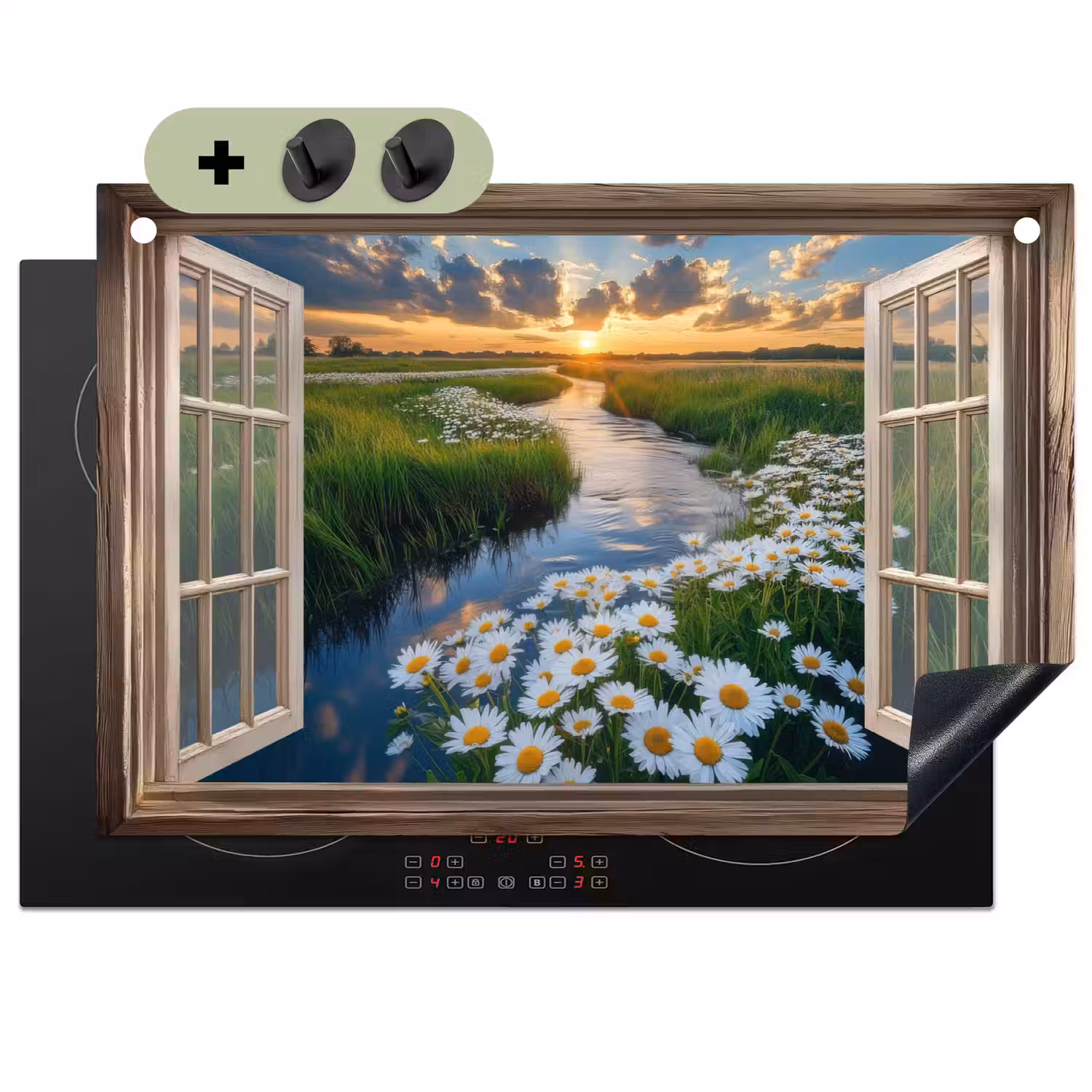 Doorkijk - Landschap - Raam - Water - Zonsondergang Inductie beschemer met haakjes klein -3d