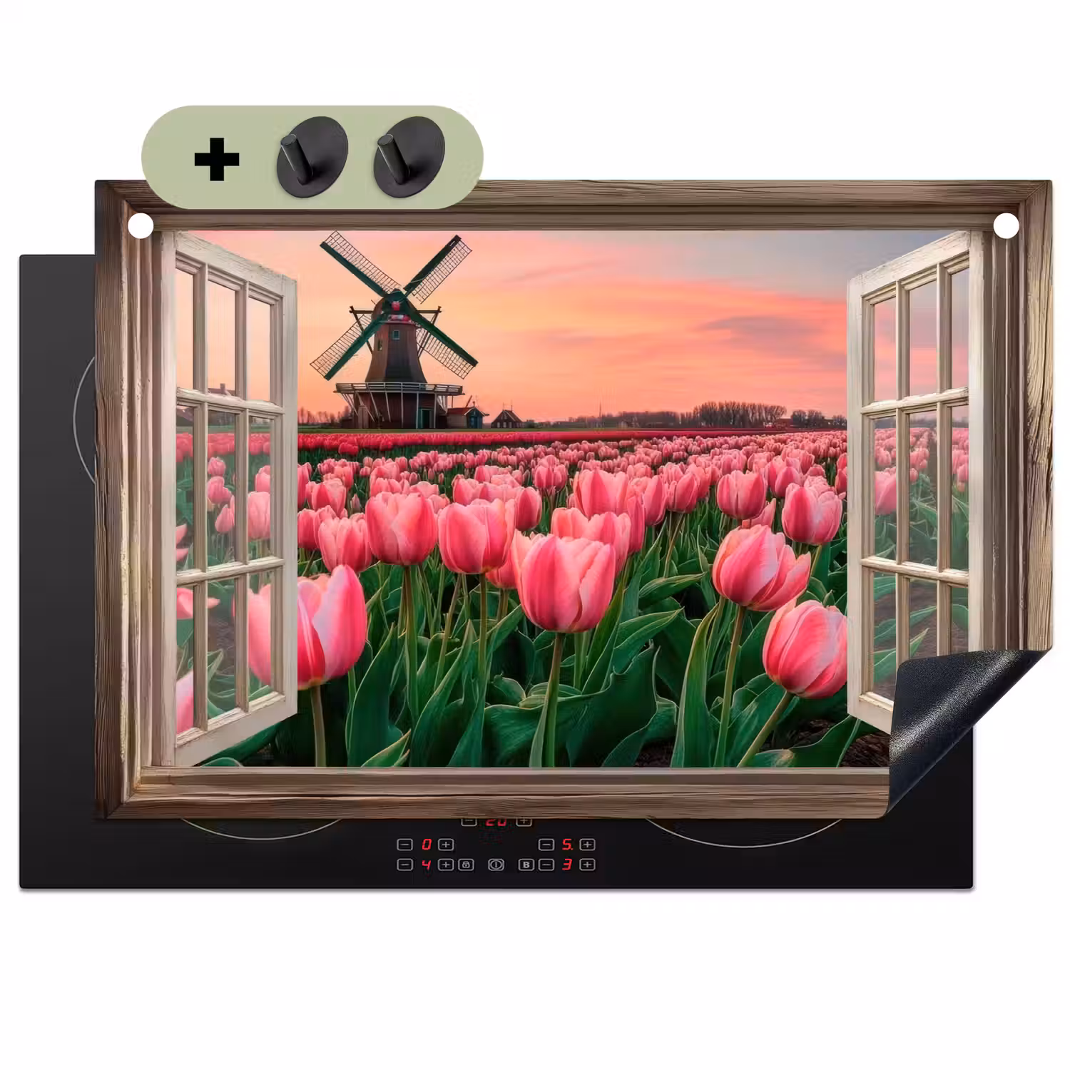 Doorkijk - Tulpen - Bloemen - Molen - Raam Inductie beschemer met haakjes klein -3d